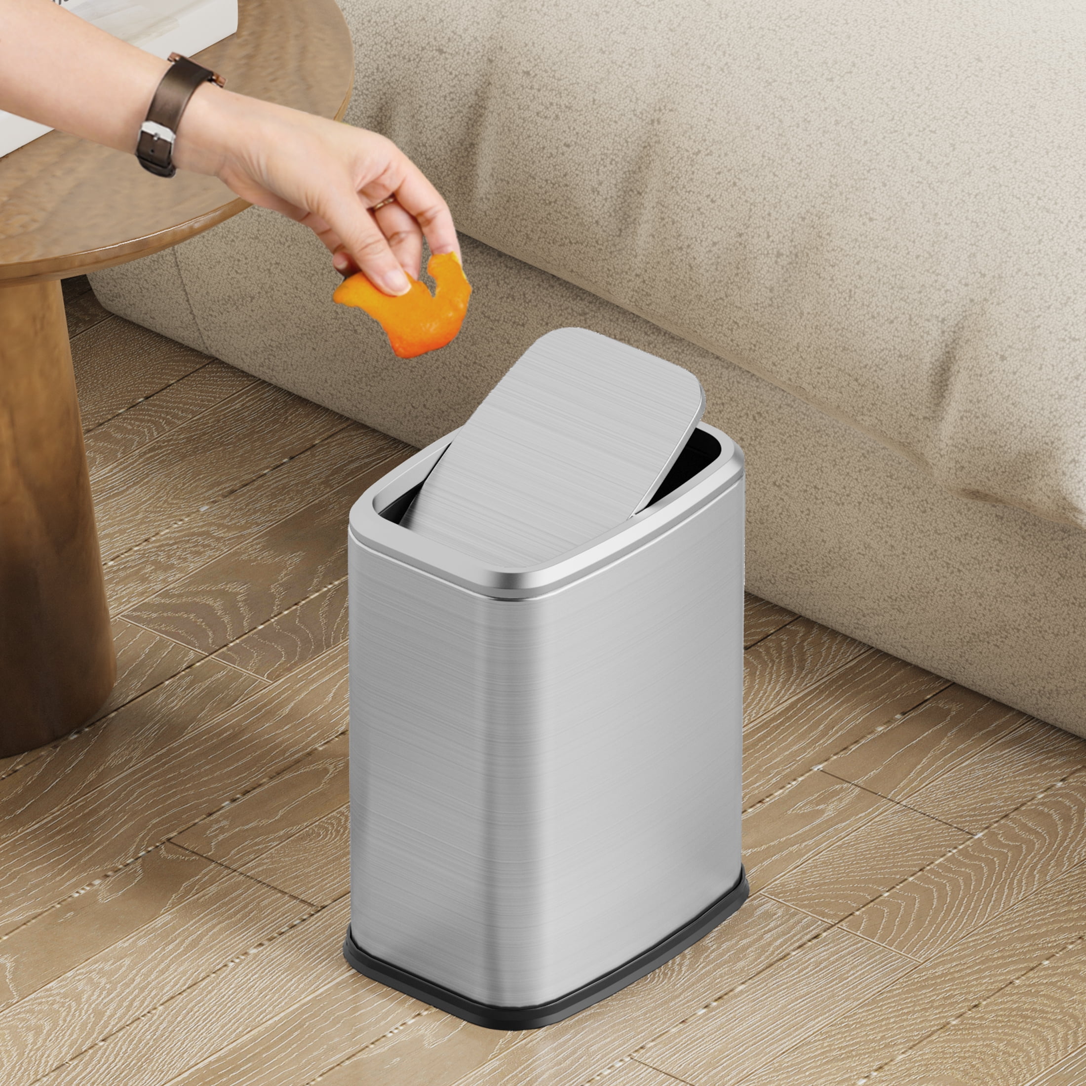 KSSKSS Stainless Steel Bathroom Trash Bin with Swing Lid, Fingerprint-Resistant Silent Waste Basket for Office and Home (Titanium Silver, 2.1 Gallon) gs8vc