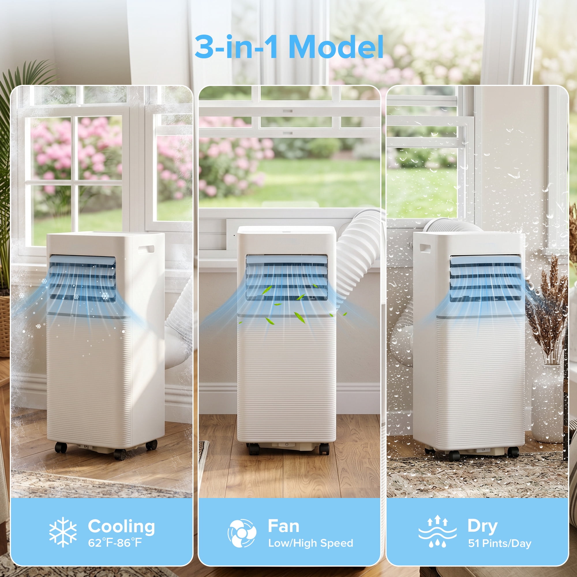 KissAir Portable Air Conditioner 10,000 BTU 3-in-1 Cooling Dehumidifier and Fan (White, 11.81 in x 13.39 in x 27.09 in) 038gf