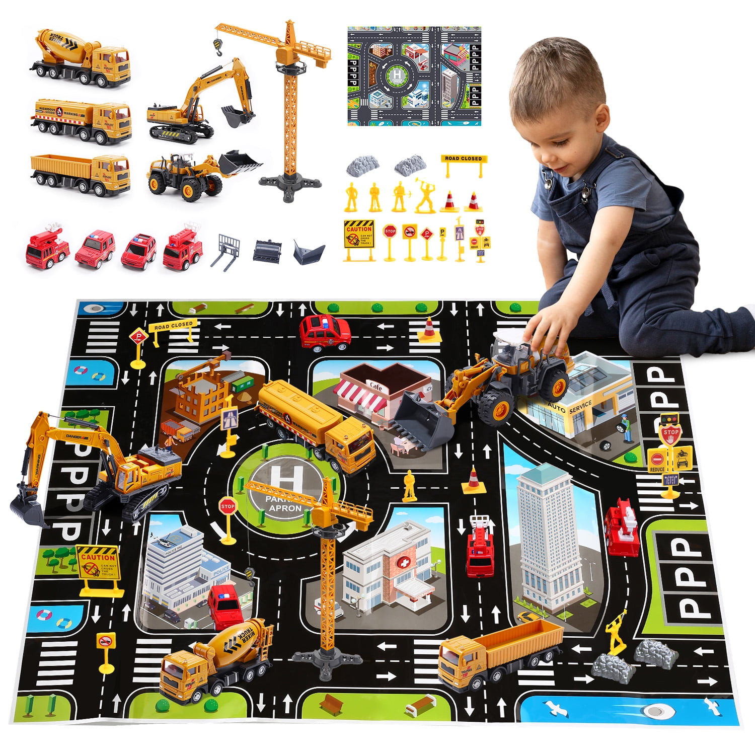 JoyStone Construction Vehicle Engineering Truck Playset with Playmat and Accessories (Yellow, 31.1 in Playmat) vmkha