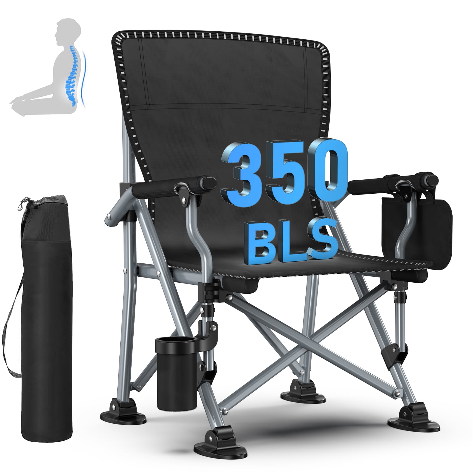 LNOW Folding Camping Chair with Cup Holder and Side Pocket, Heavy-Duty Portable Outdoor Seat for Beach, Sports, and Fishing (Black, 350 lb Capacity) hrus6