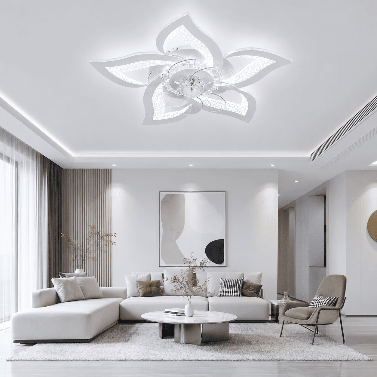 Garwarm 24.6 in Flower Ceiling Fan with Light, Low Profile Flush Mount Fandelier, Dimmable LED Light with Remote, 6-Speed Reversible Motor (White, 24.6 in) b9vrf