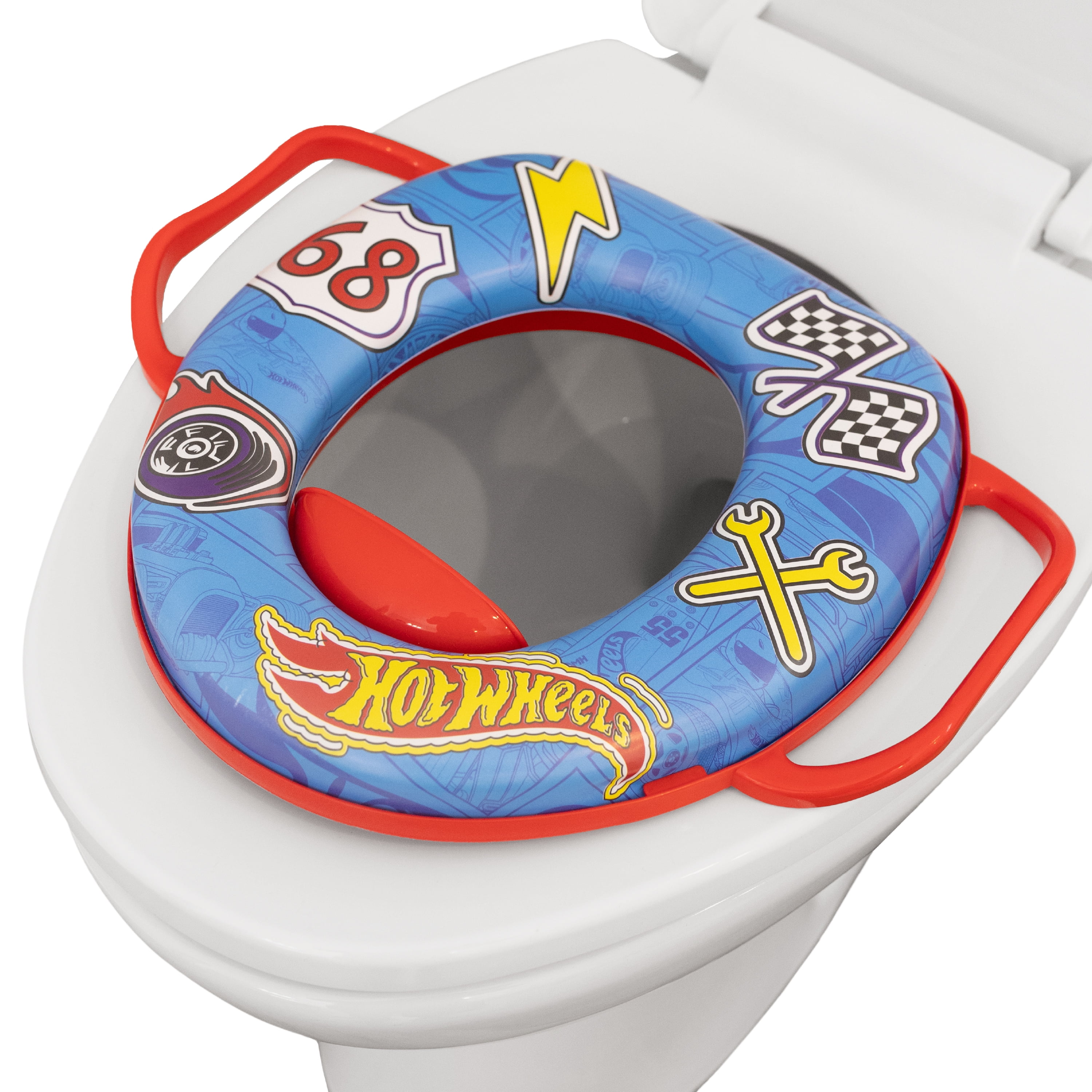 Hot Wheels Soft Potty Training Seat with Non-Slip Handles and Splash Guard (White, Standard Size) py8dq
