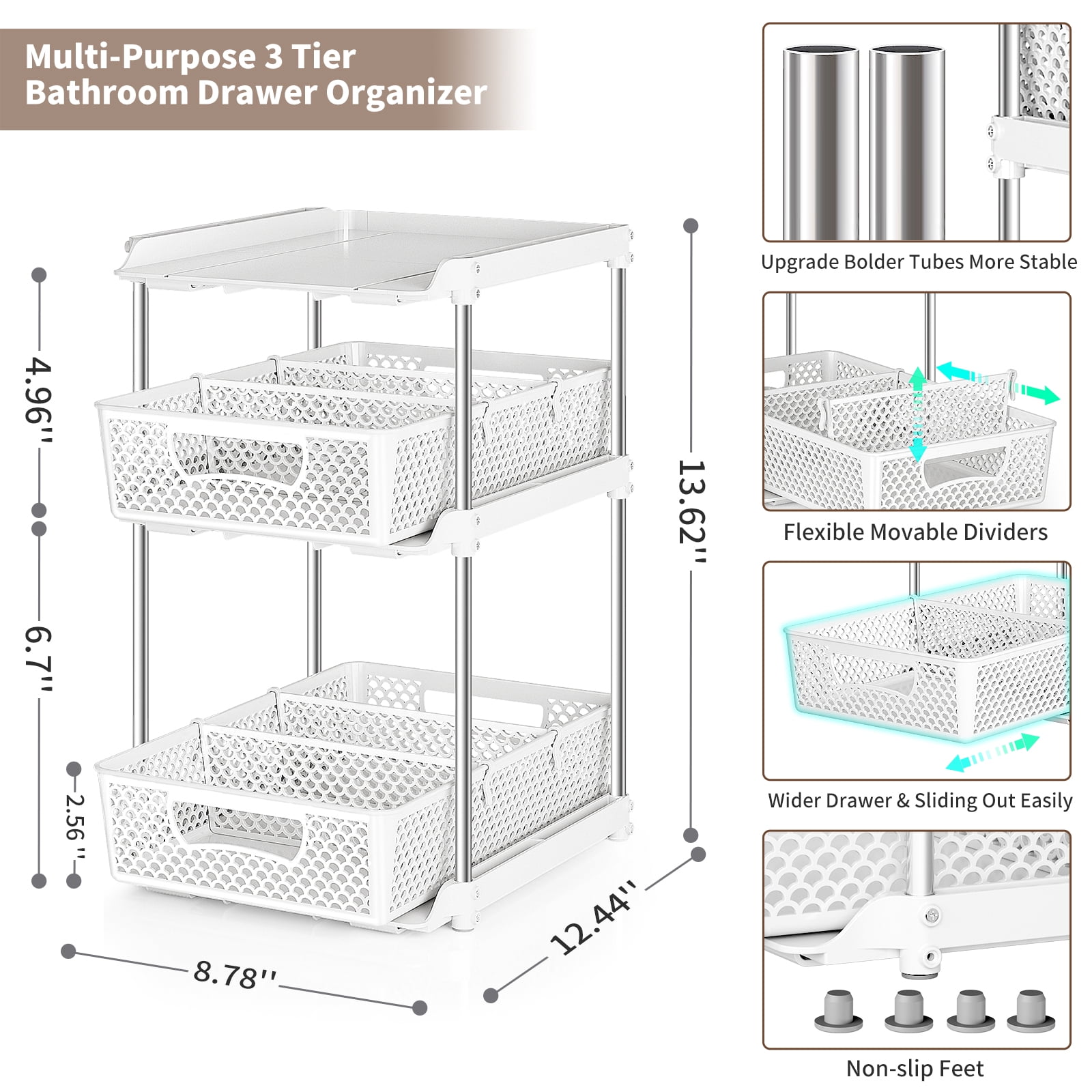 Taimasi 3-Tier Under Sink Organizer and Bathroom Storage Shelf (White, 2 Pack) la2d6