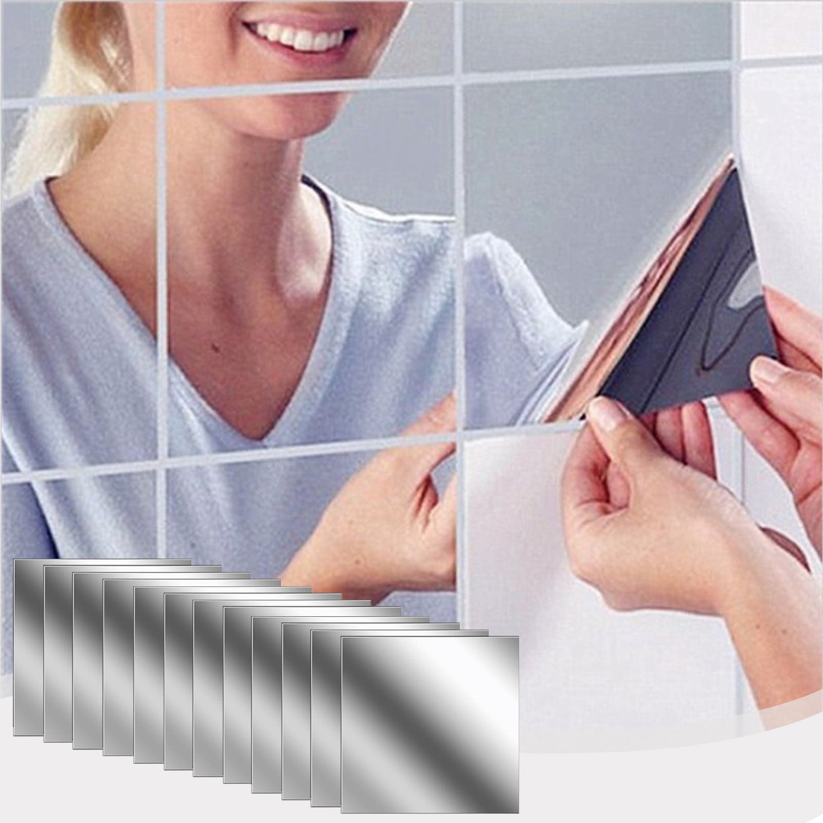 TOPRenddon Peel & Stick Mirror Tiles, Shatterproof Flexible Acrylic Wall Decals for Home Decor (Silver, 12-Pack, 6x6 in) bg0gy