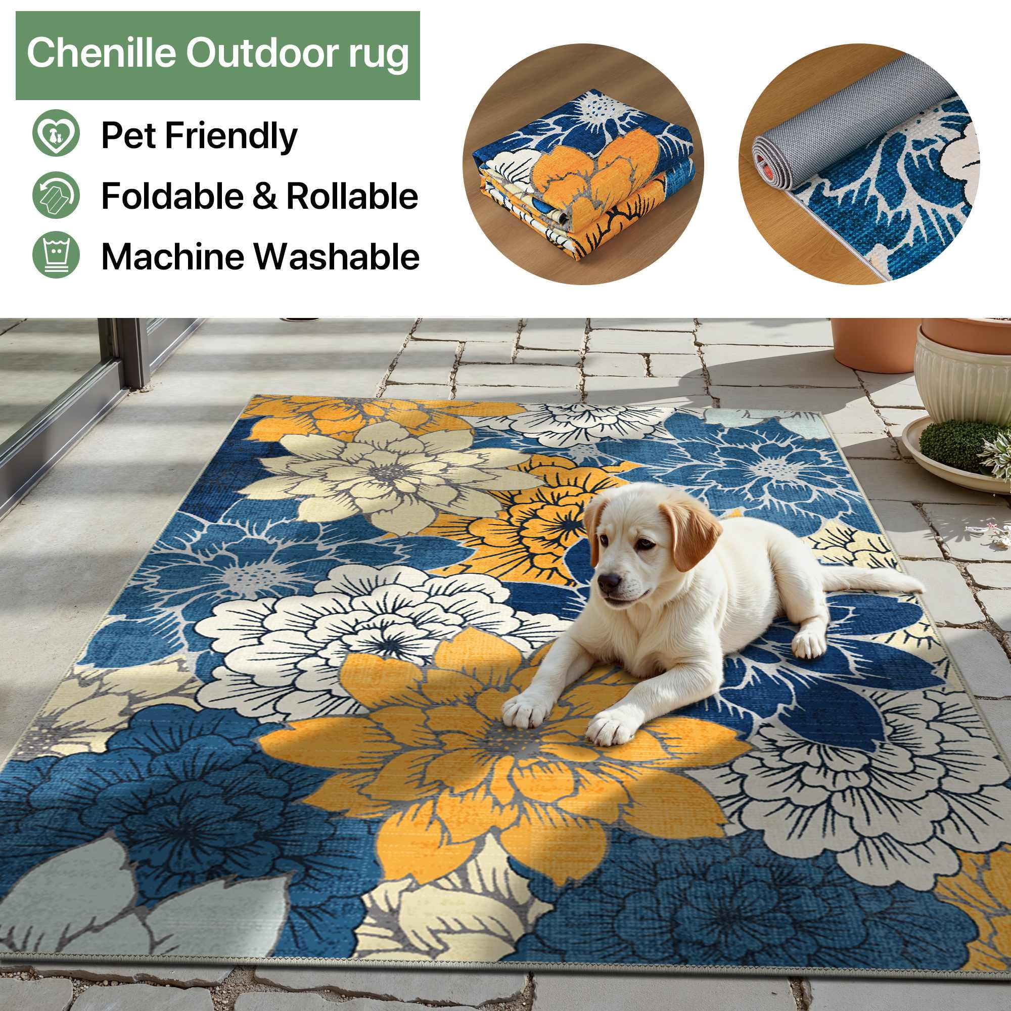 DEORAB Outdoor Rug Chenille Patio Carpet, Non-Slip Waterproof RV Mat for Camping and Garden (Blue, 8 ft x 10 ft) yyw38