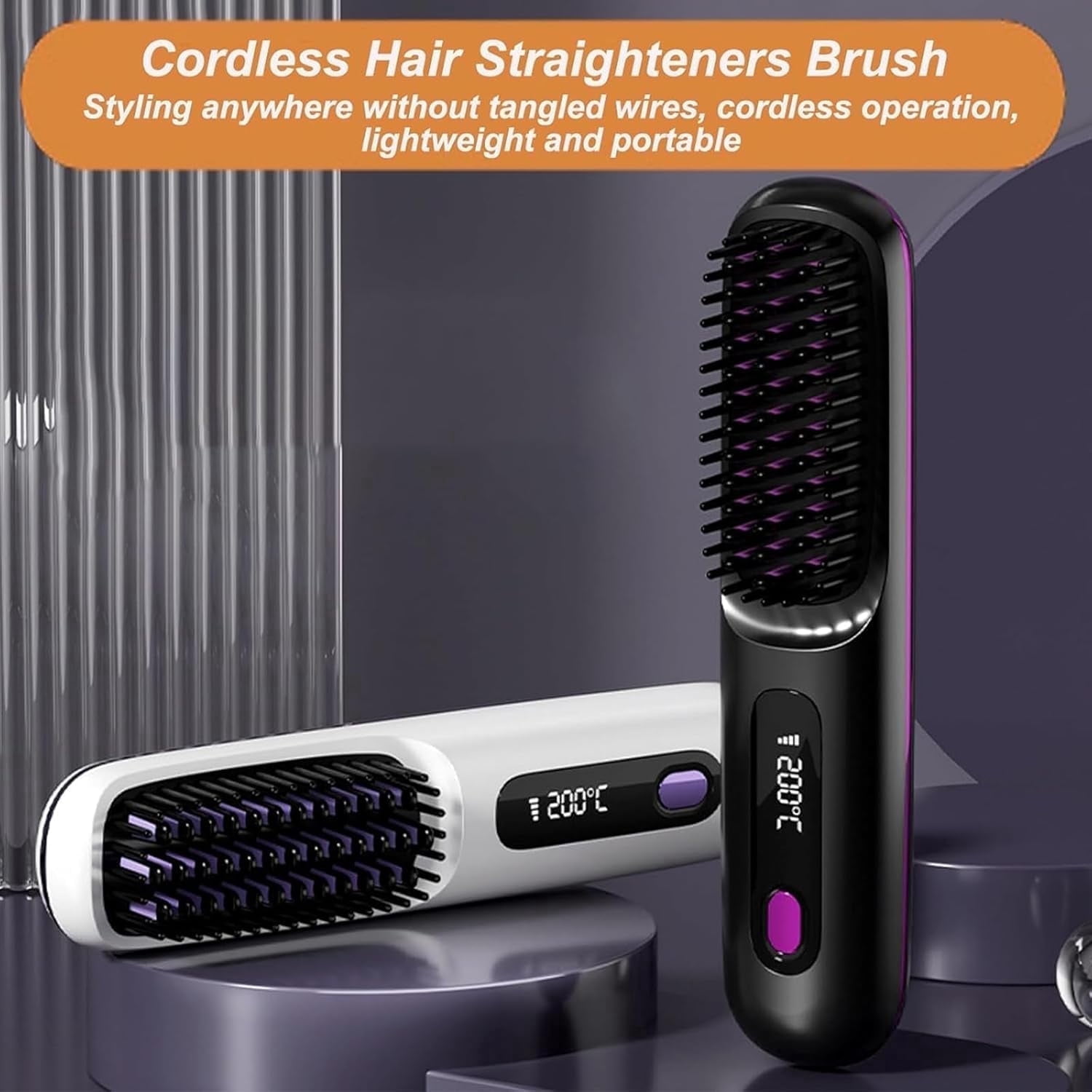 Generic Cordless Hair Straightener Brush, Portable Ceramic Hot Comb with LCD Display (Black, 1 Count) u3yae