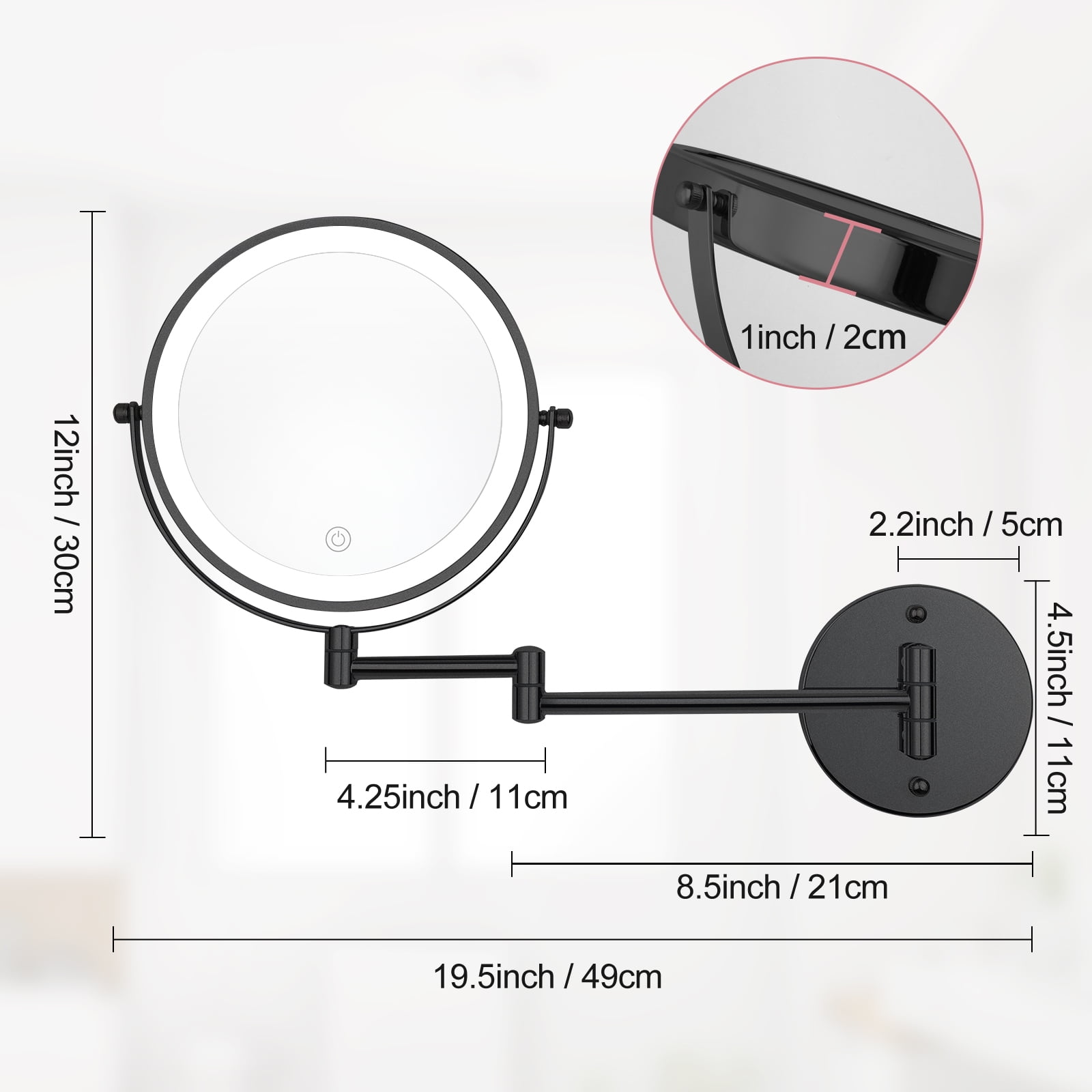 Umirokin Rechargeable Wall Mounted LED Makeup Mirror (Black, 8 in) 1X/10X Magnification Dimmable Vanity Mirror ghr2h