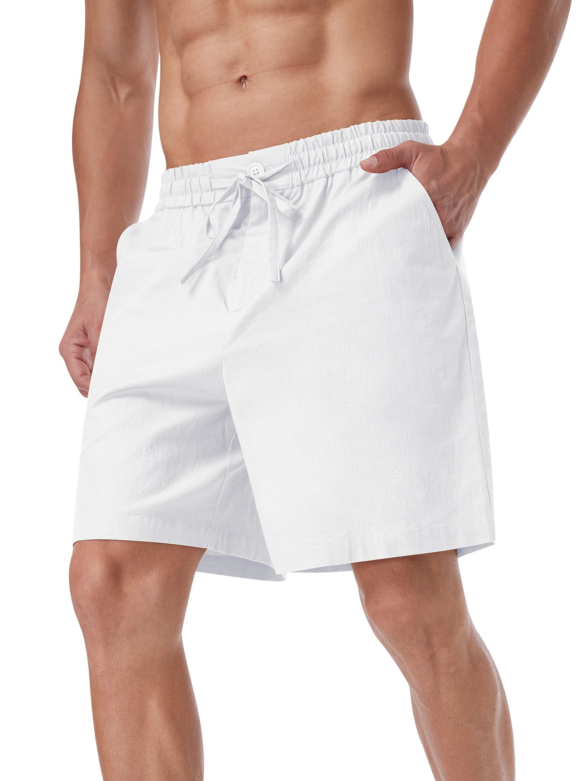 Iceglad Mens Cotton Linen Shorts Casual Summer Beach Drawstring Shorts (White, Large) eqllz