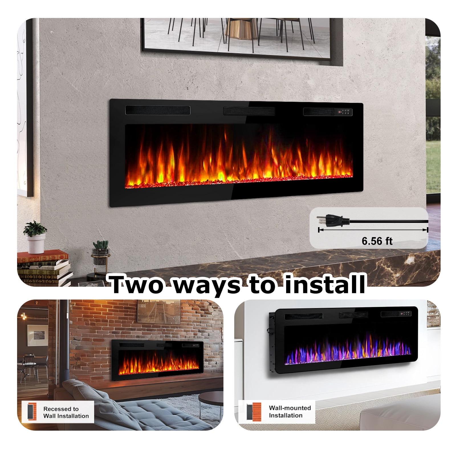 Waleaf 50 in Ultra Thin Electric Fireplace Heater, Recessed Wall Mounted Fireplace with Multicolor Flame and Remote Control (Black, 50 in) rbkrs