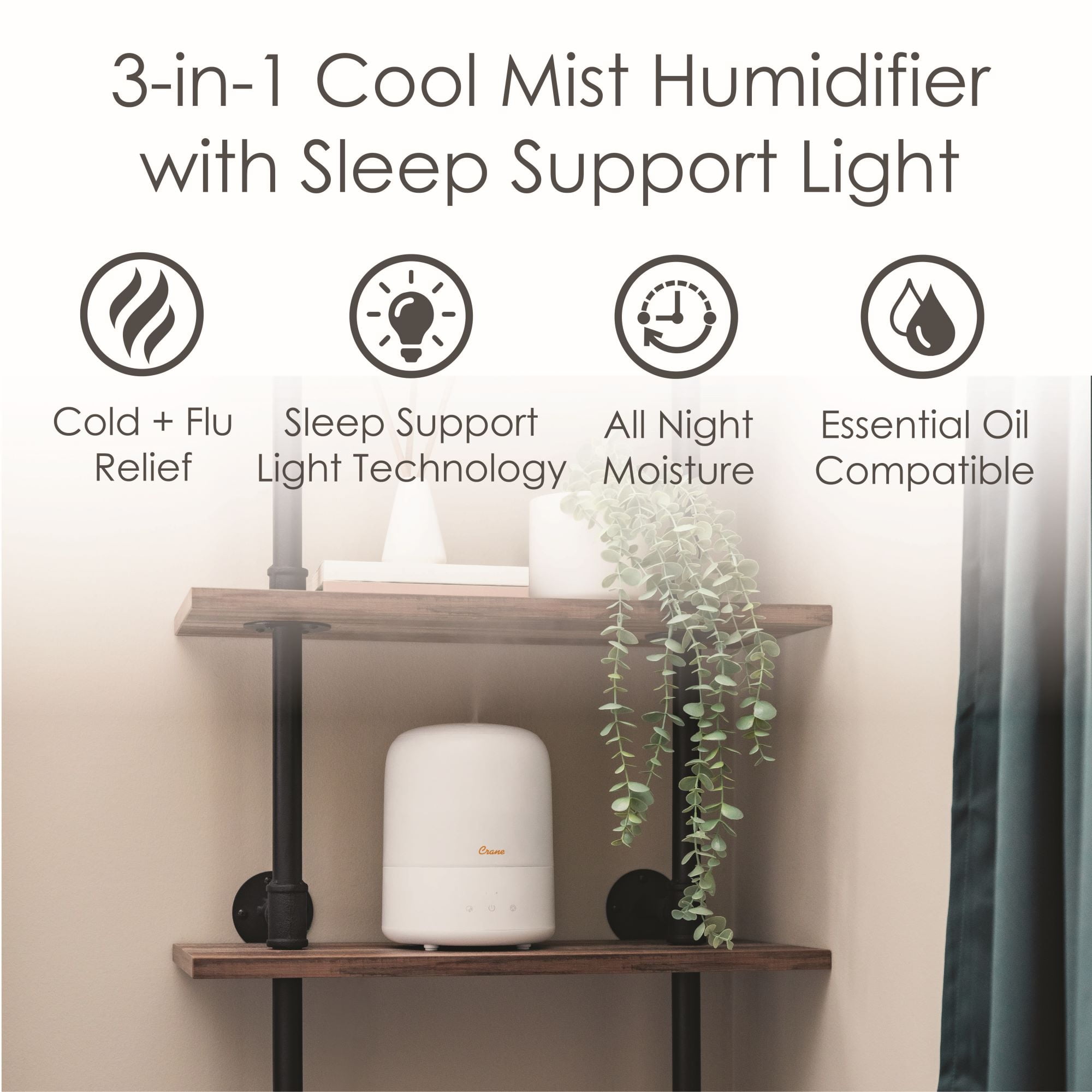 Crane USA 3-in-1 Cool Mist Humidifier, Portable Aroma Diffuser with Night Light (White, 0.5 Gallon) vzjkj