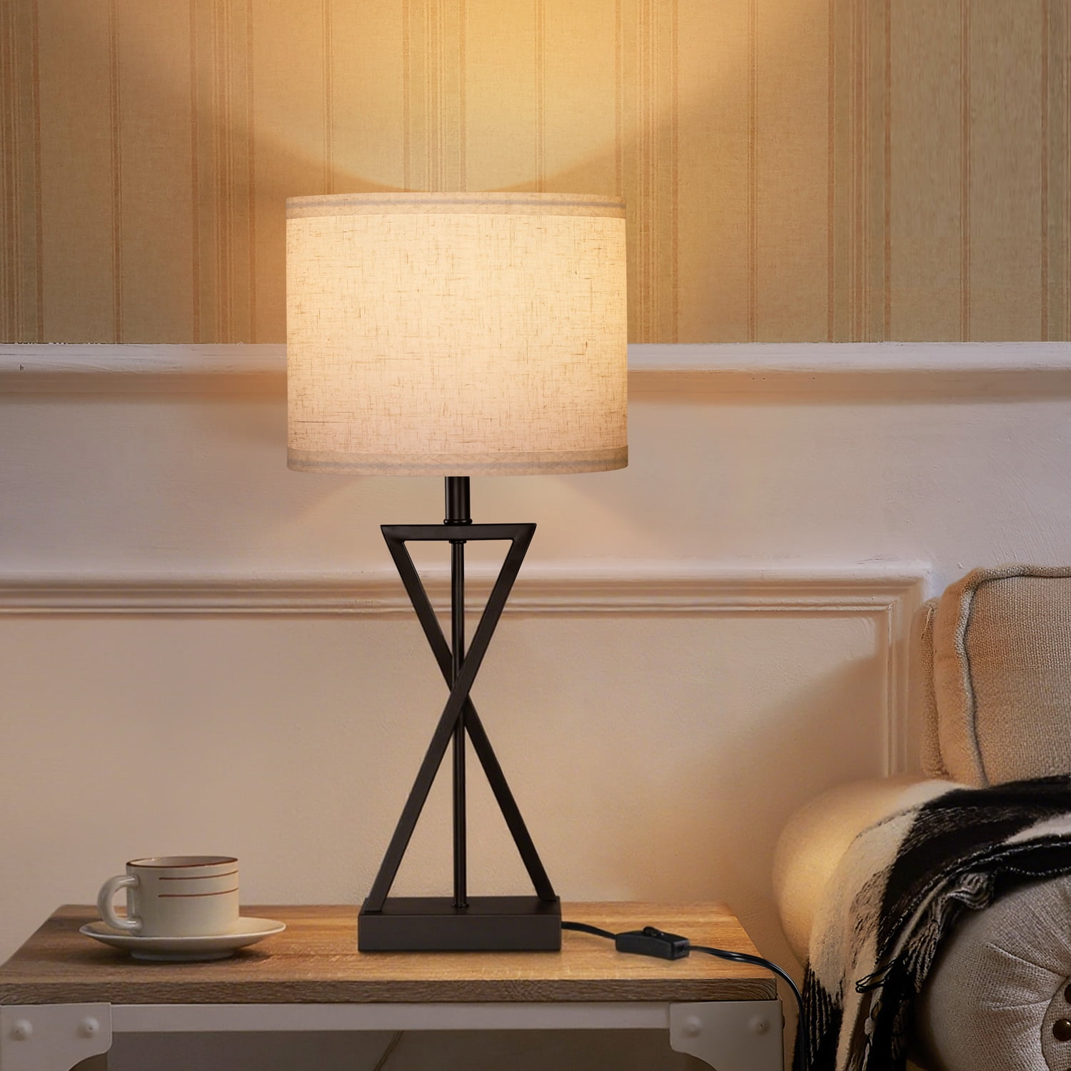 Walchoice Modern Table Lamp, Minimalist Bedside Desk Lamp with Linen Shade (Matte Black, 15 in) 8ly8o