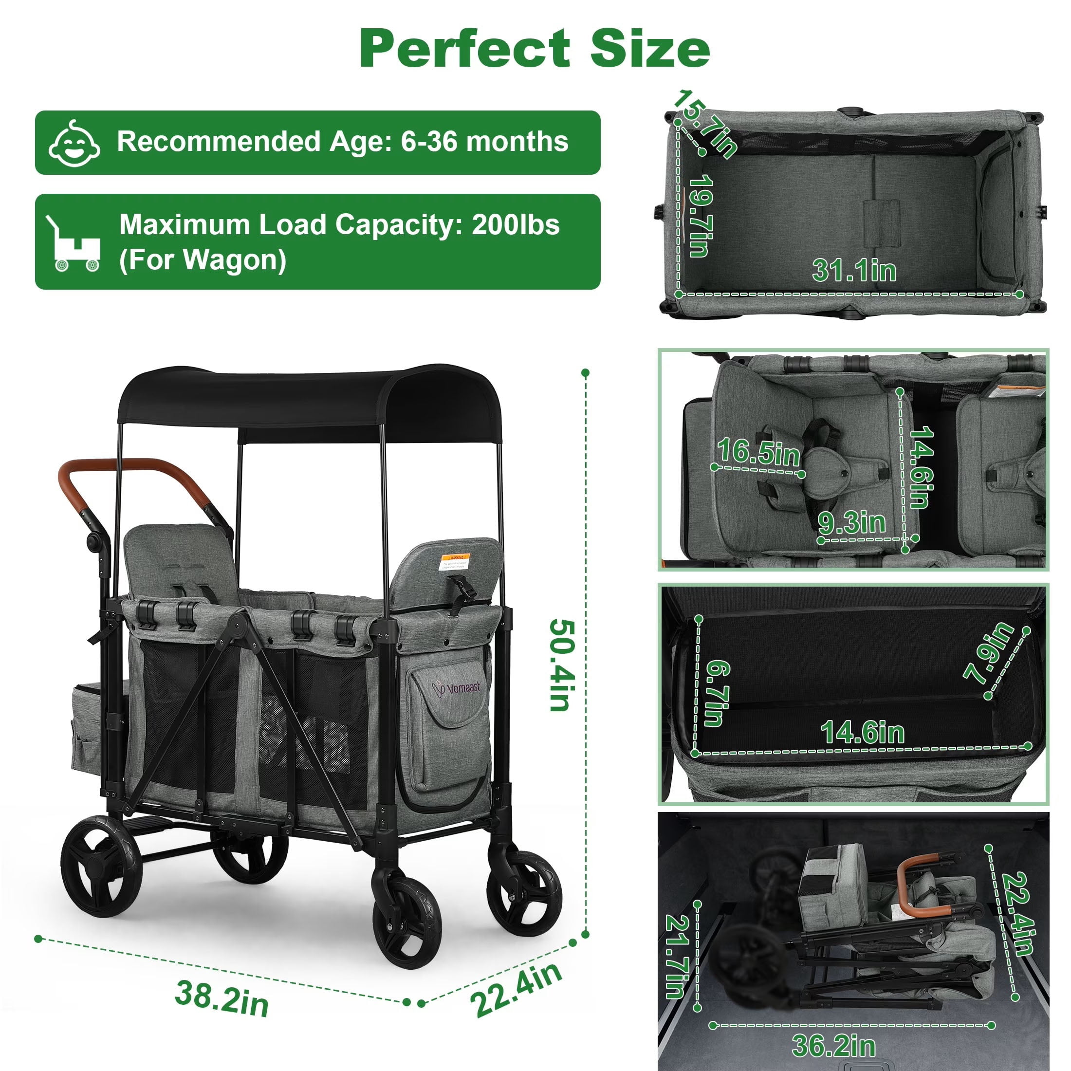 Vomeast 3-in-1 Wagon Stroller for 2 Kids, Outdoor Baby Stroller with Canopy and 5-Point Harness (Grey, 200 lb Capacity) 3b7gc