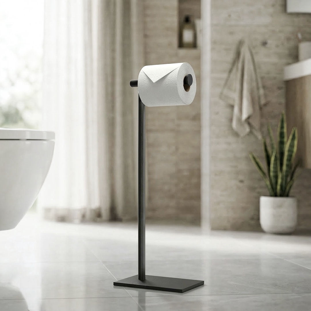 Gatco 1431MX Square Freestanding Toilet Paper Holder (Matte Black, 24 in Height) 4mnee