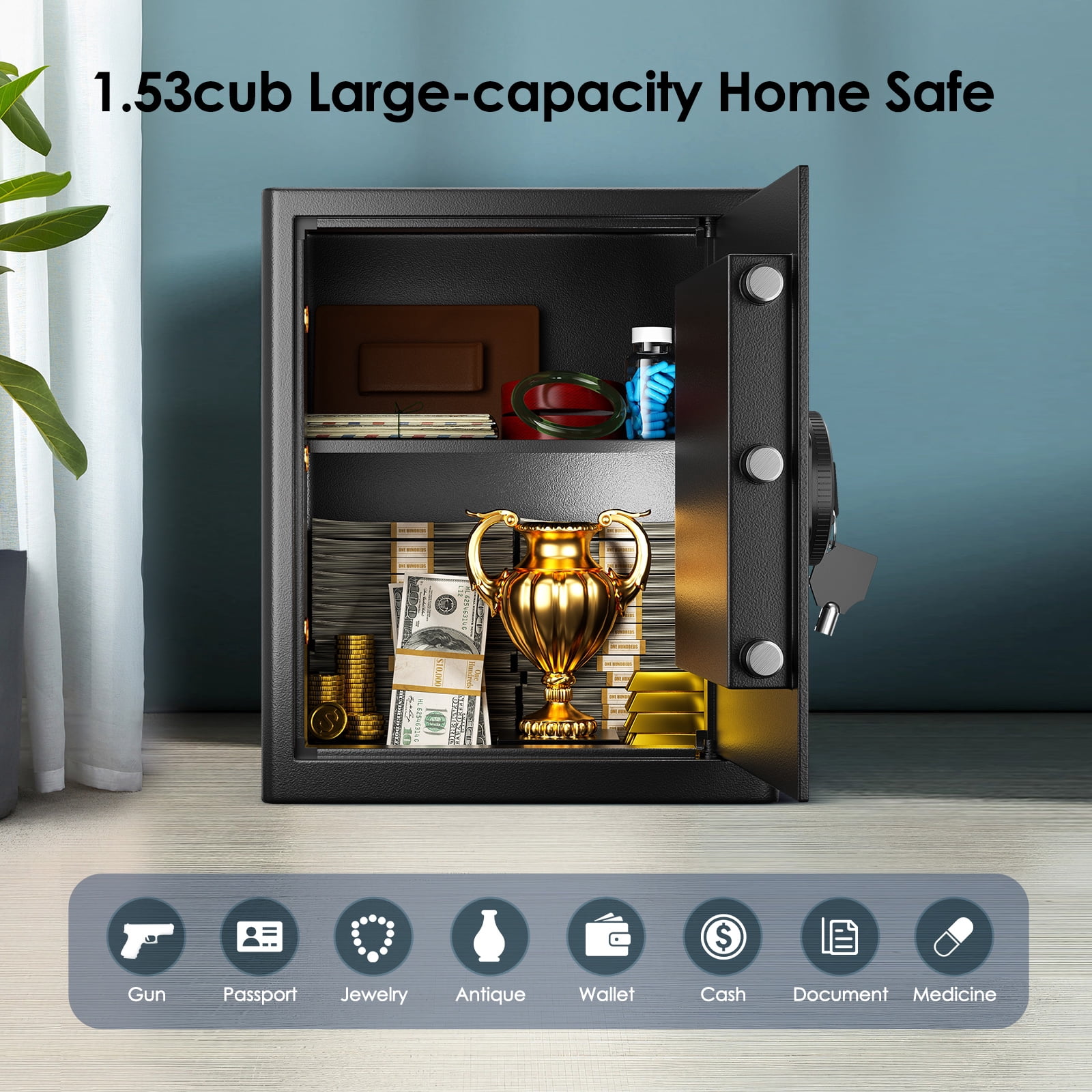 SRWTRCHRY Electronic Security Safe Box for Home and Office, Heavy-Duty Steel Construction with Digital Keypad and Emergency Keys (Black, 2.0 Cubic Feet) hzqff