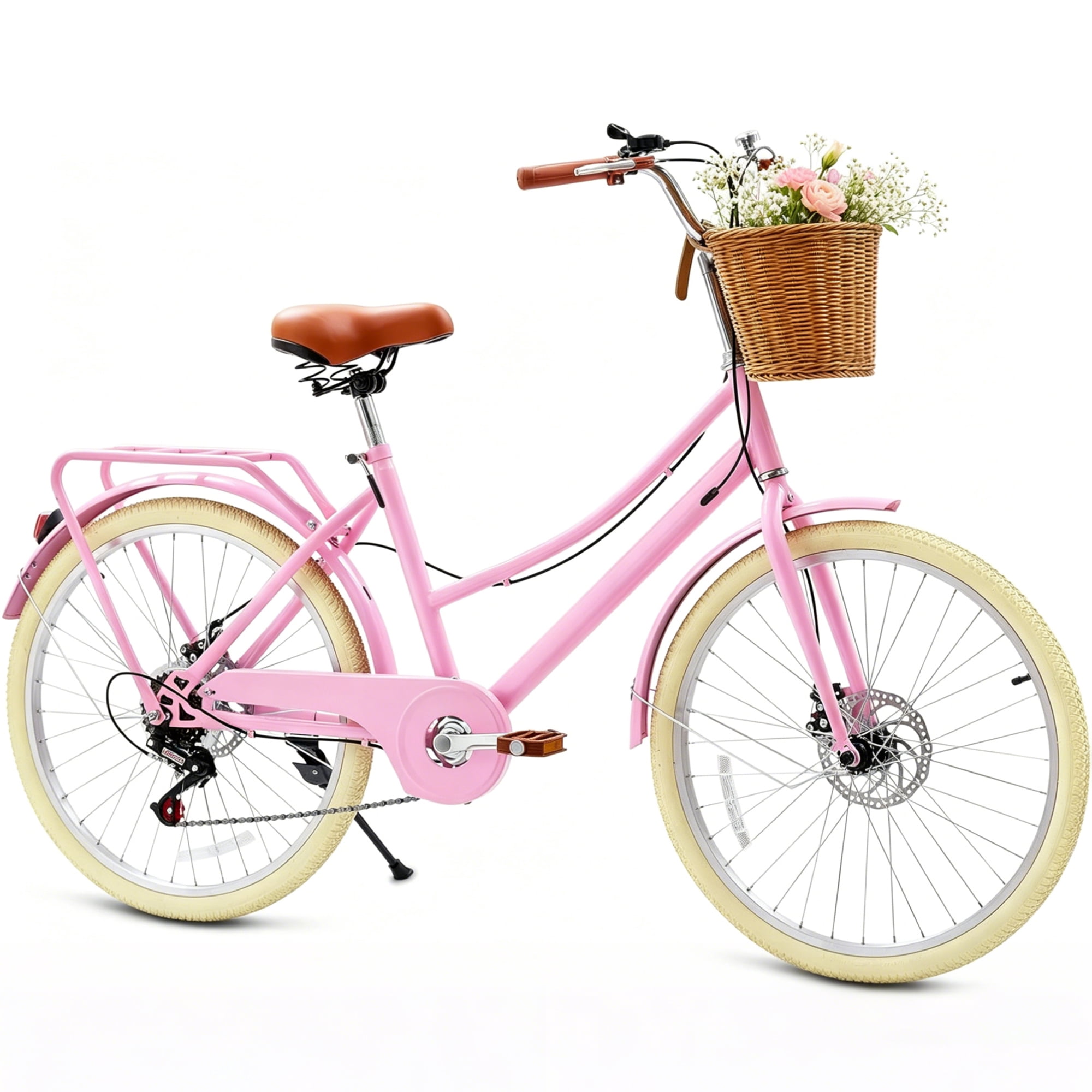 DEYGIA 20 Inch 7-Speed Retro Cruiser Kids Bike with Rattan Basket (Pink, 20 in) gt5nq
