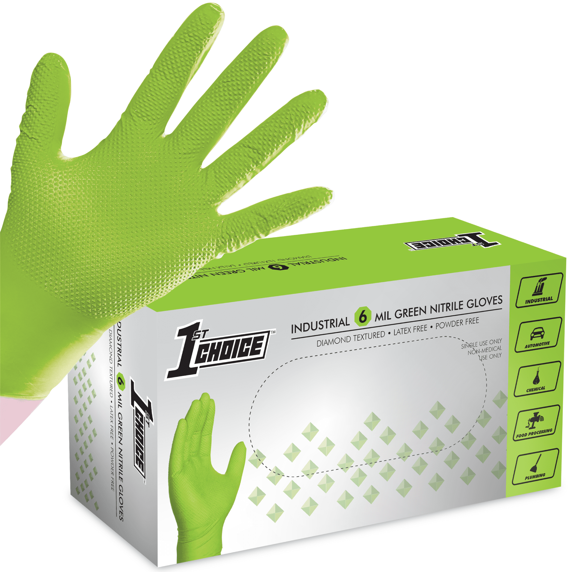 1st Choice Disposable Nitrile Gloves (Green, Large, 100 Count) Diamond Grip Industrial Grade 586r6