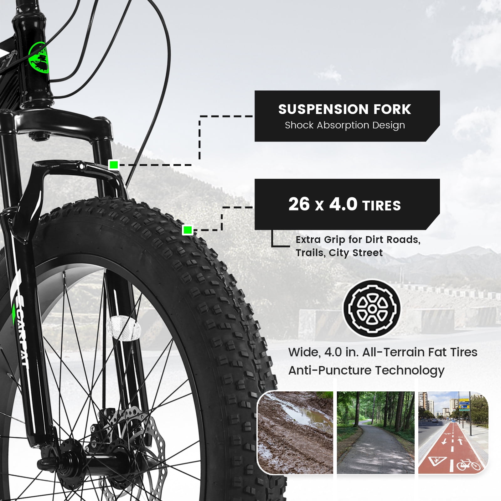 Track 7 26-Inch Fat Tire Mountain Bike, High-Carbon Steel Frame, 21-Speed Shimano Drivetrain, Dual Disc Brakes (Black, 26 in) n7qmk