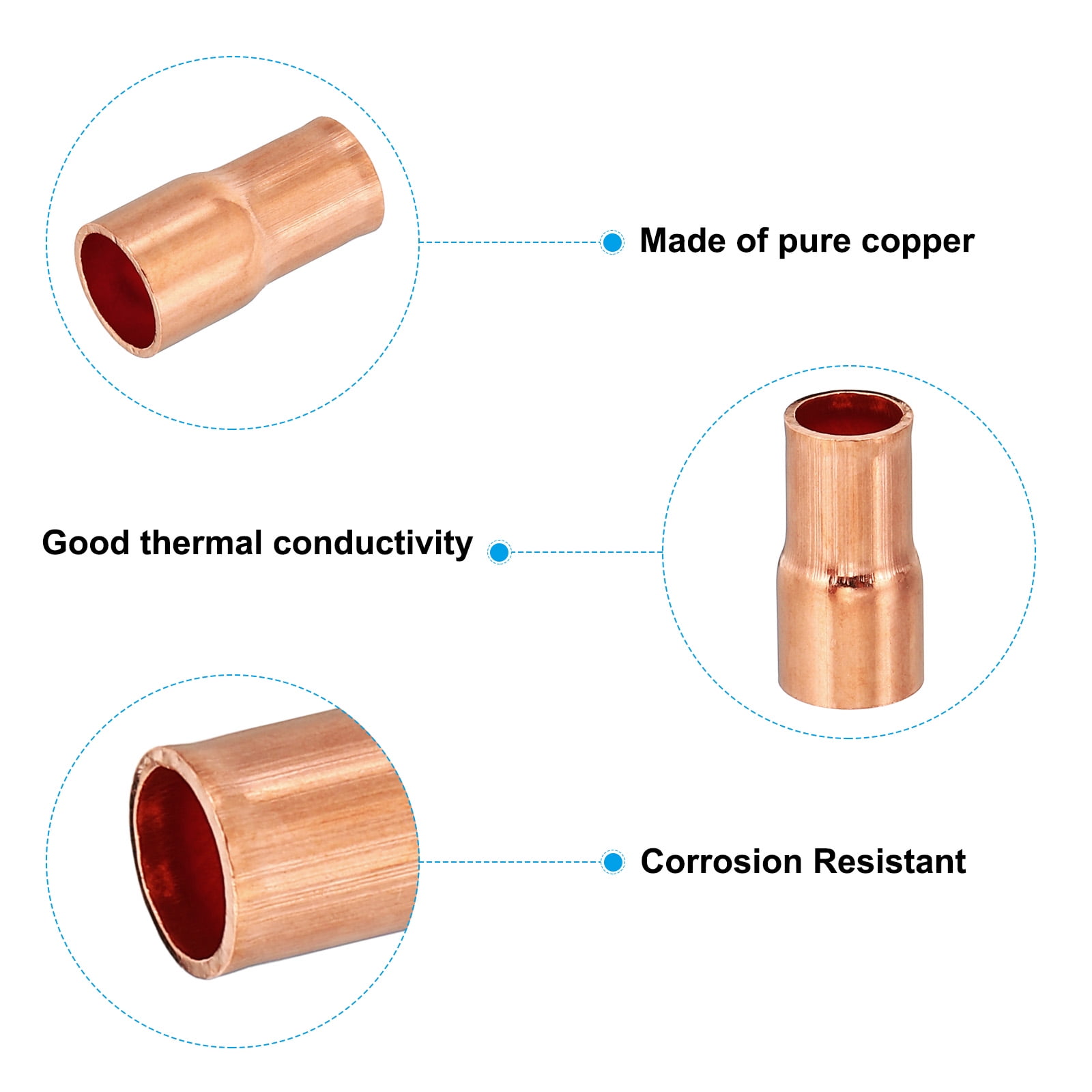 Uxcell Copper Reducing Coupling Pipe Adapter (1/2 in to 5/16 in ID, 6 Pack) w6it3