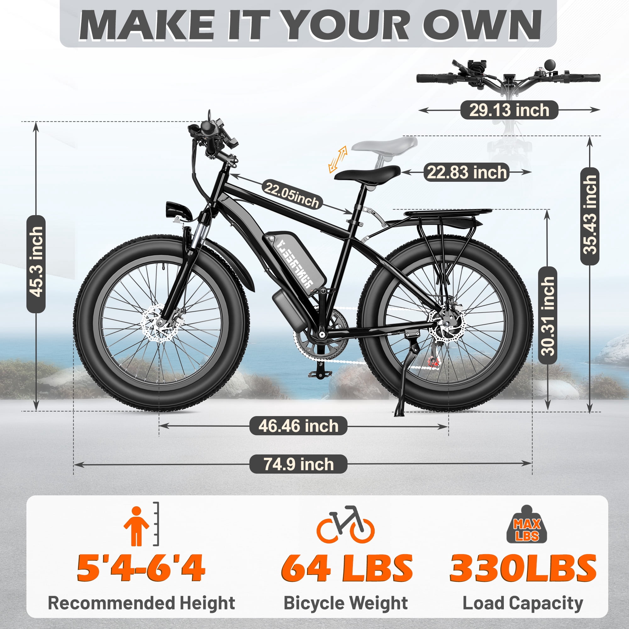 Dnyker Electric Mountain Bike, 26 in Fat Tire E-Bike, 1500W Motor, 48V 13AH Battery, 7-Speed Off-Road Commuter (Black, 26 in) blrbe
