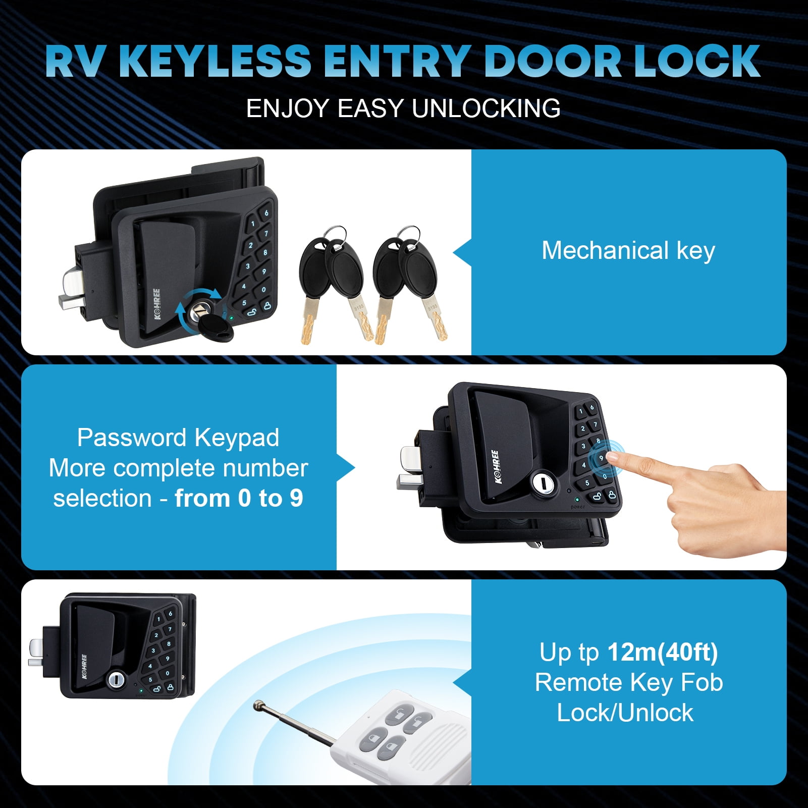 Kohree RV Door Lock Keyless Entry System with Remote and Keypad (Black, 3.75 in x 2.75 in x 1.5 in) f23bj