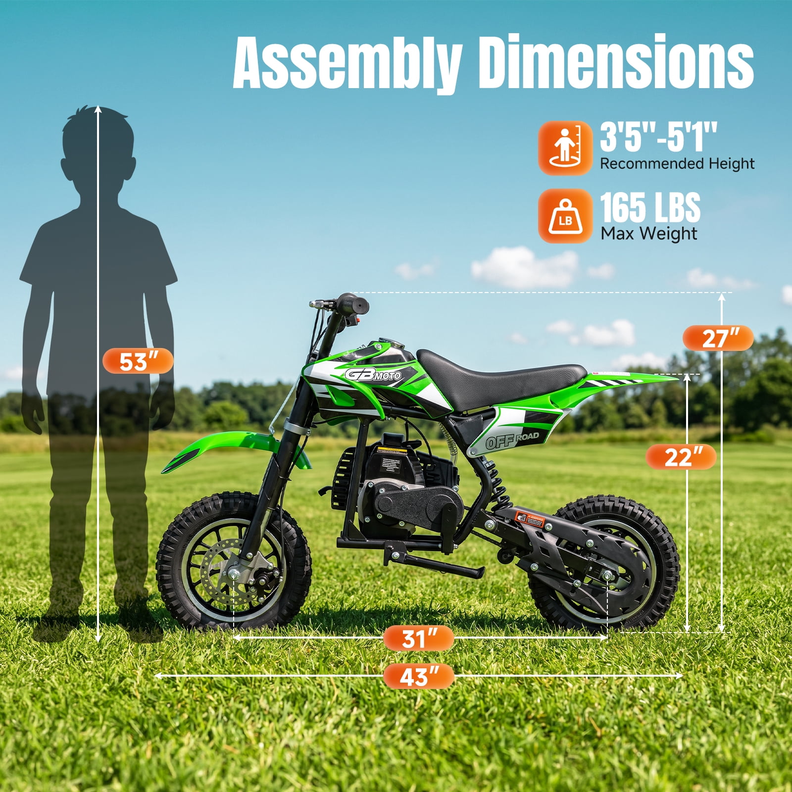 IVFJFV 39cc 4-Stroke Gas Dirt Bike for Beginners, Mini Off-Road Motorcycle with Disc Brakes and Rear Suspension (Green, 48 lb) 5981e