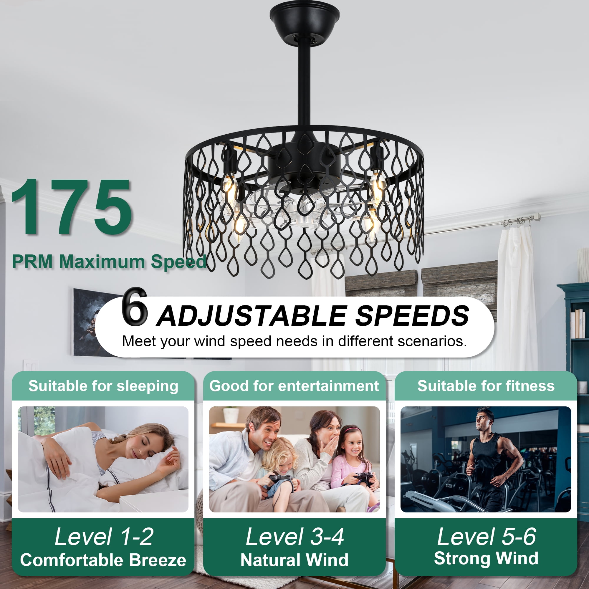 Cusp Barn Industrial Bladeless Caged Ceiling Fan with Light and Remote Control (Black, 19 in) qt5eq