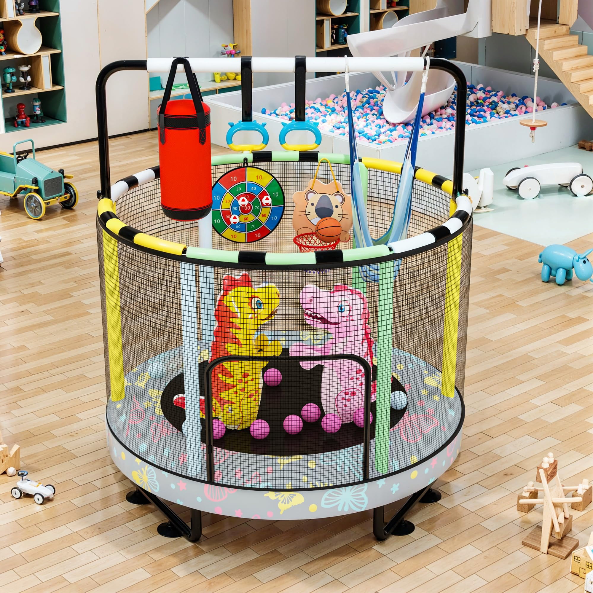 Mooseng Kids Trampoline with Safety Enclosure and Adjustable Handrail, 7-in-1 Activity Center (Yellow, 55 in) chyzk