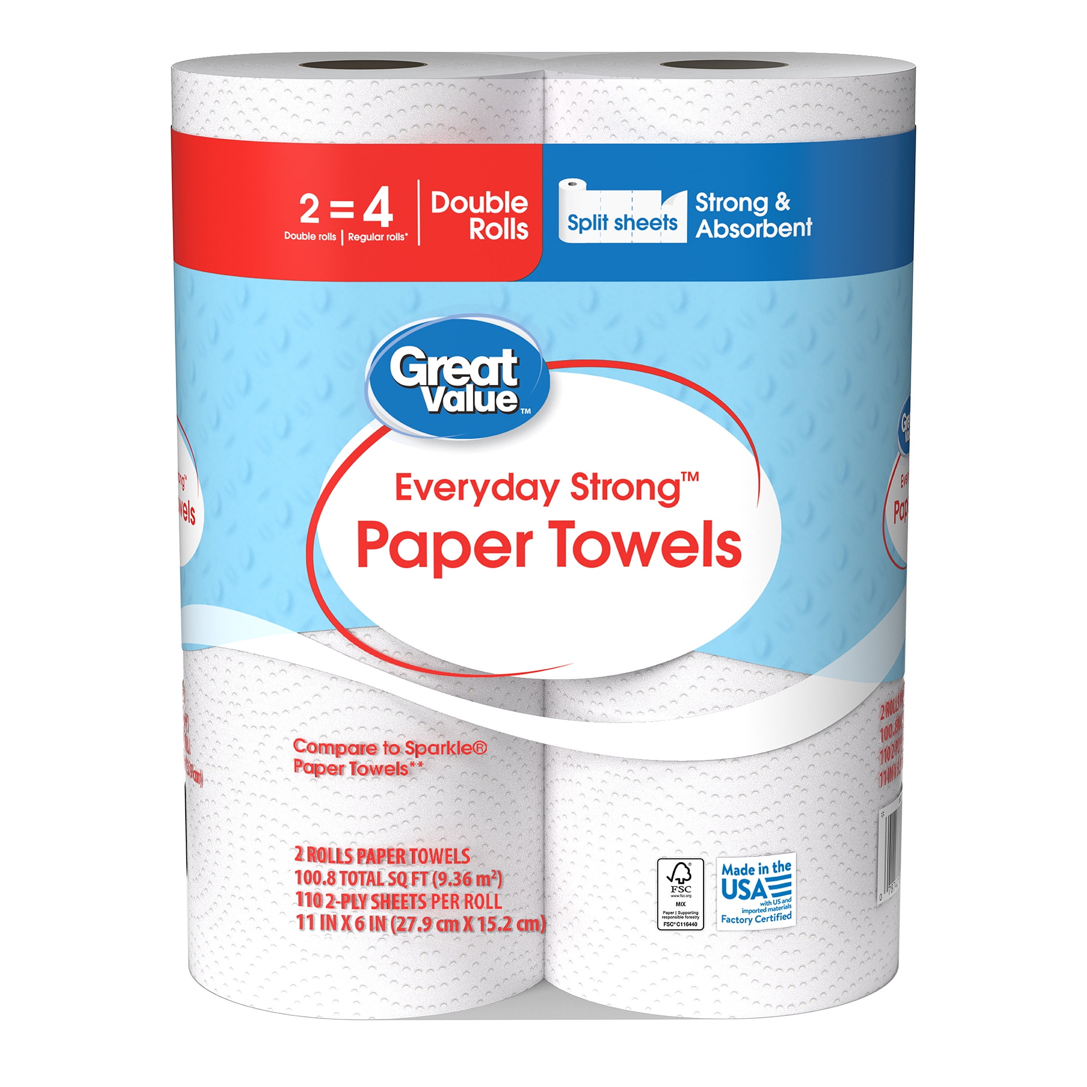 Great Value Everyday Strong Paper Towels, Absorbent Household Cleaning Sheets (2 Double Rolls) qeqig