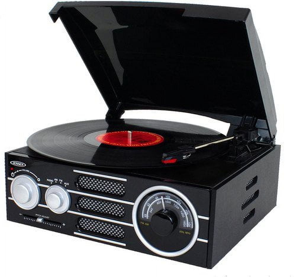 Jensen 3-Speed Stereo Turntable with AM/FM Radio and USB Digital Conversion (Black, 17 in x 13 in x 5 in) ydeho