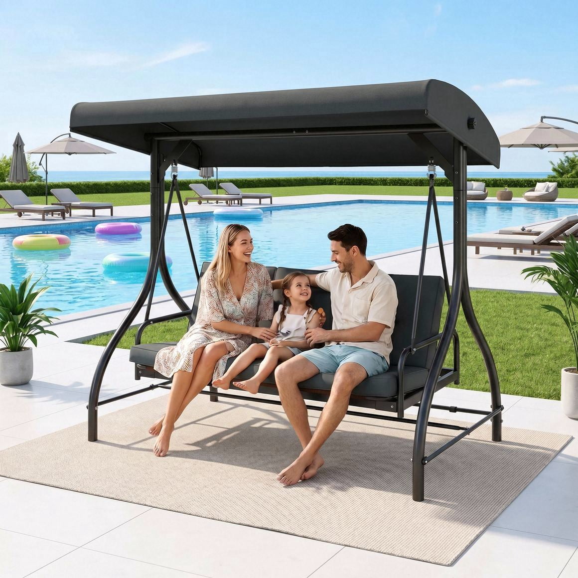 Arlopu 3-Seat Porch Swing, Outdoor Patio Swing Chair with Adjustable Canopy and Removable Cushions (Gray, 57 in) x1s5b