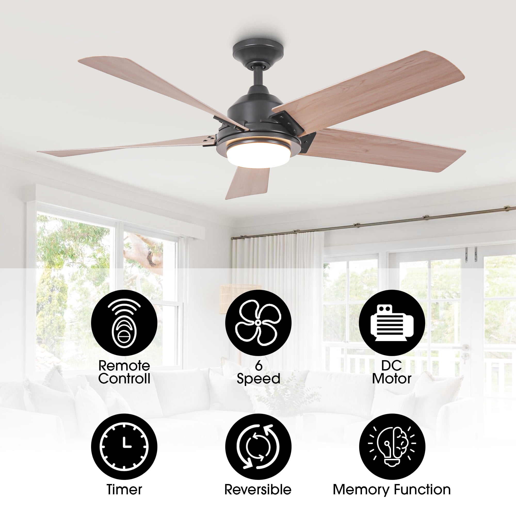 Parrot Uncle Farmhouse 52 in LED Ceiling Fan with Remote Control (Black, 52 in) 3nx14