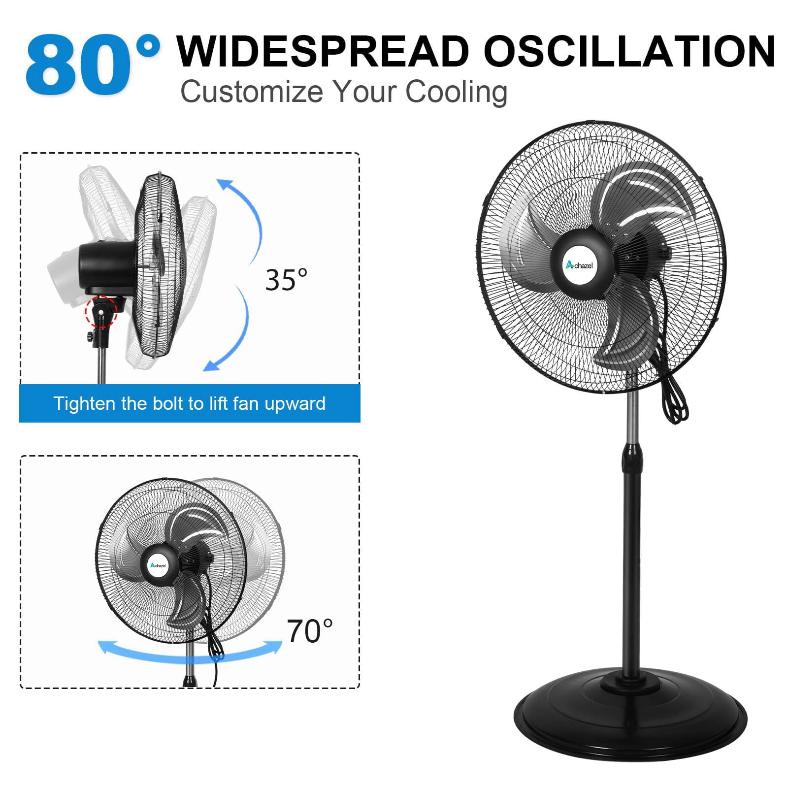 Achazel 18 in Oscillating Pedestal Fan, 3-Speed Heavy-Duty Industrial Standing Fan with Adjustable Height (Black, 18 in) 7sa2h