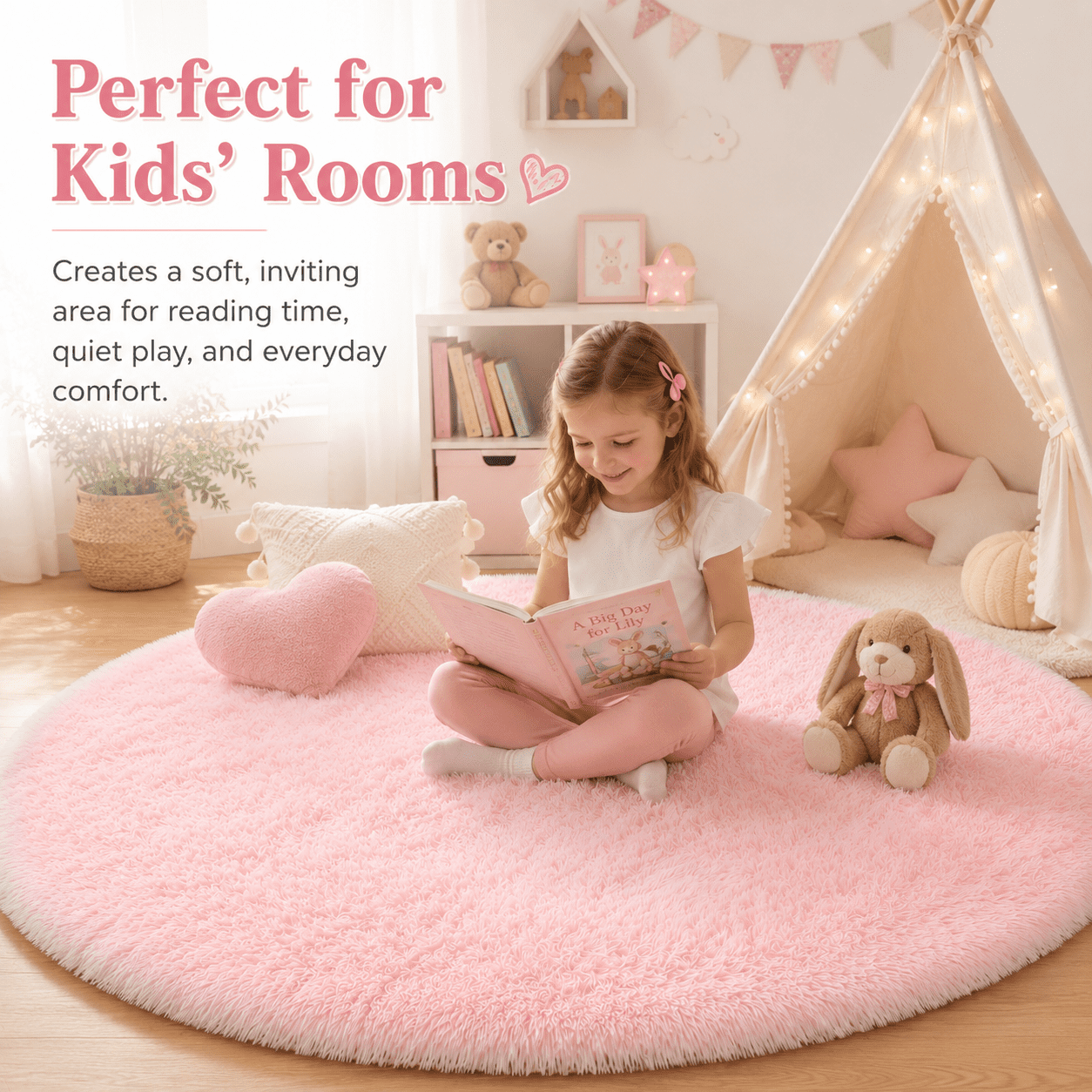 SANMADROLA Super Soft Fluffy Area Rug, Shaggy Plush Carpet for Bedroom and Nursery (Pink, 4x4 ft) dxo00