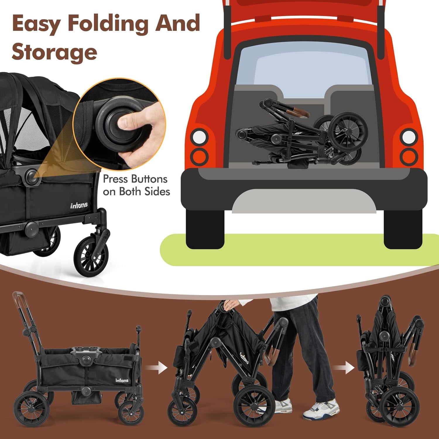 INFANS 2-Seater Wagon Stroller, Collapsible Double Stroller with Adjustable Canopy and Snack Tray (Black, 41 in x 22 in x 42 in) 0vei3