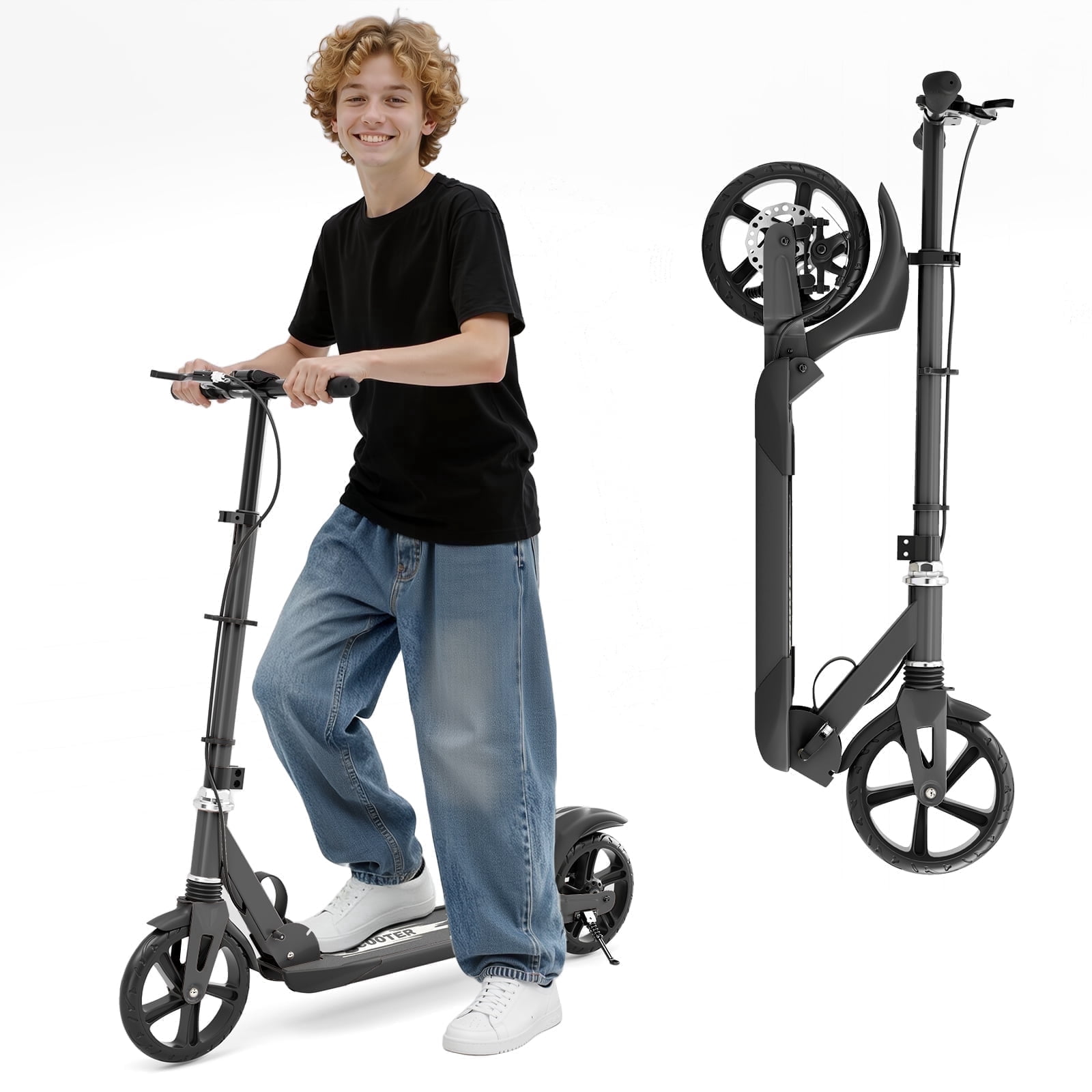 Duomigo Kick Scooter for Teens and Adults, Foldable Commuter Scooter with Hand Brake and 8 in Wheels (Black, 220 lb) pbg6k