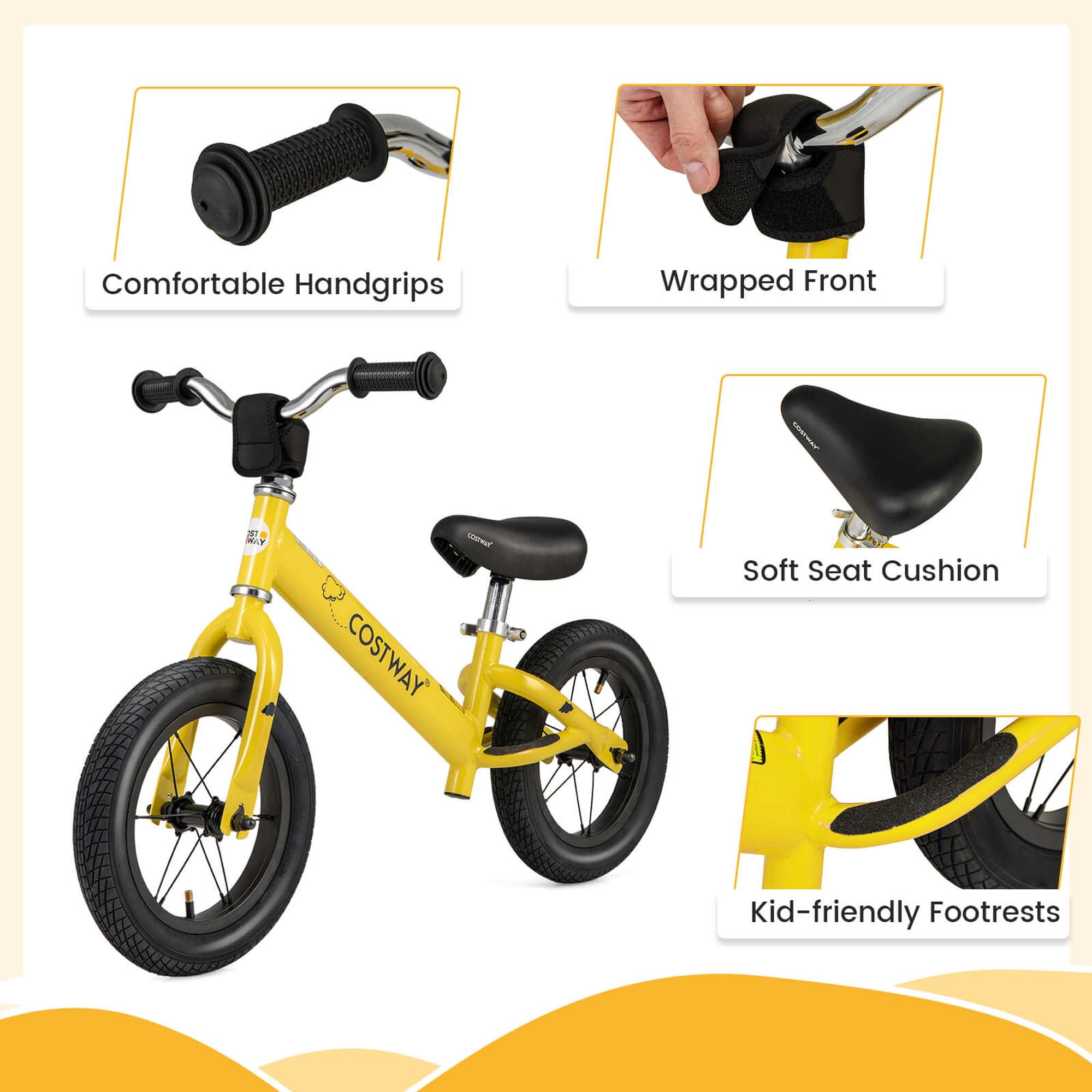 Costway Toddler Balance Bike No Pedal Training Bicycle with Inflatable Rubber Tires (Yellow, 12 in) dd9y5