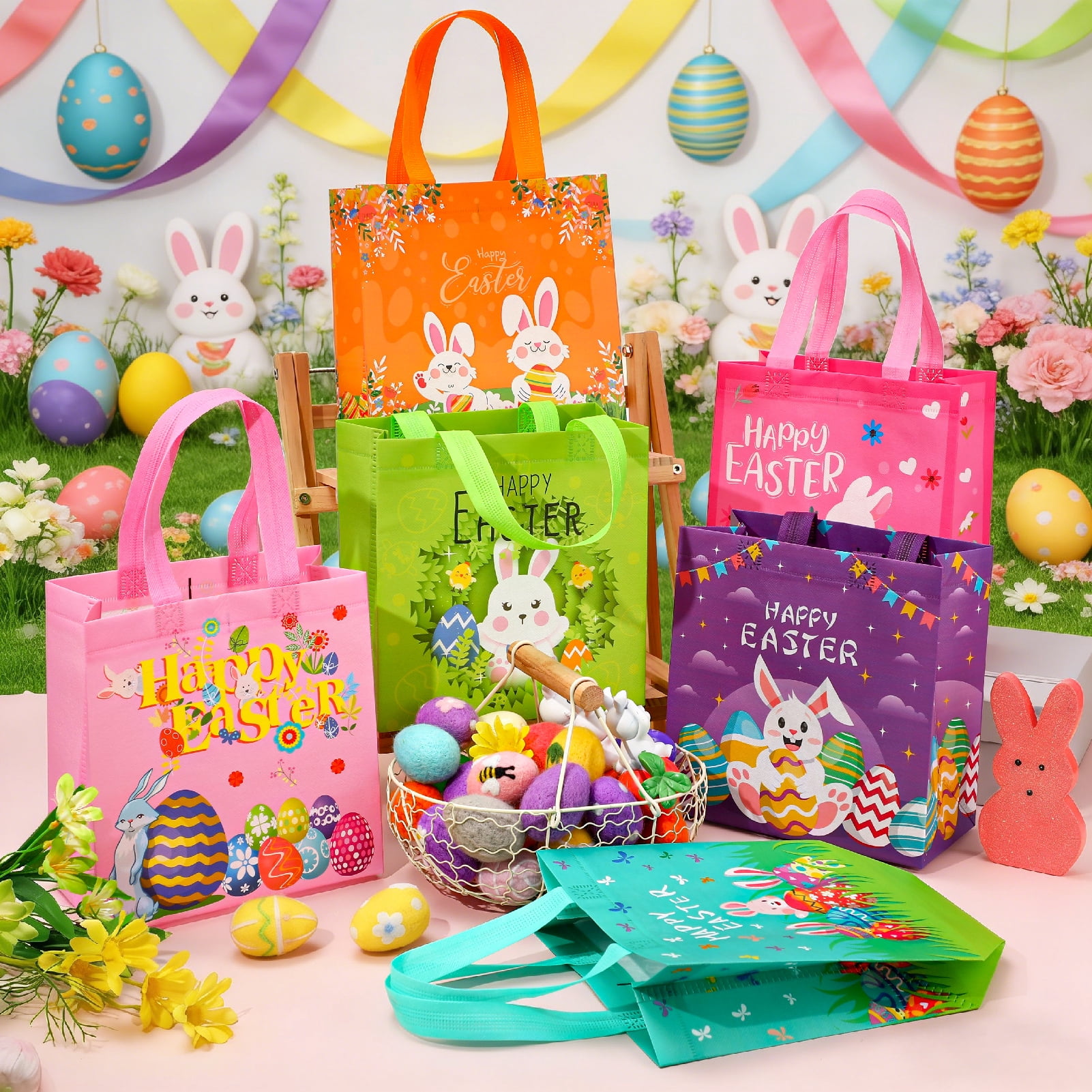 sixwipe Easter Gift Bags with Handles, Reusable Non-Woven Tote Bags for Egg Hunts and Party Favors (Blue, 12 Pack, 8.6x4.3x9 in) 7bxvg