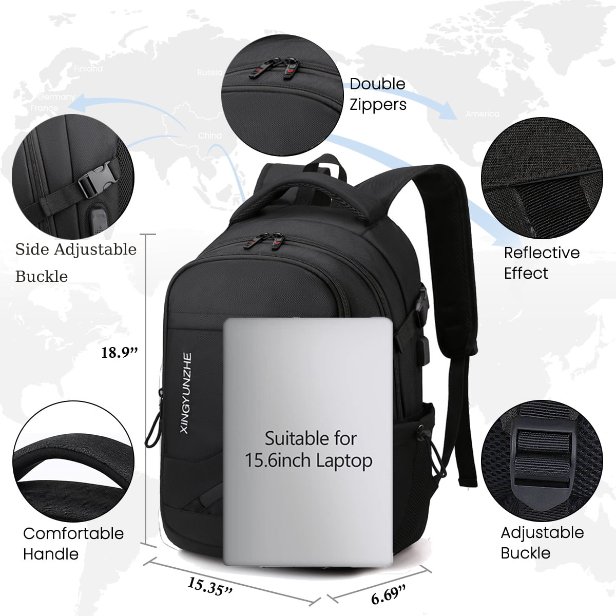 Cshidworld Travel Laptop Backpack, Anti-Theft Business Bookbag with USB Charging Port, Water-Resistant School Bag for Men & Women (Black, 19 in) ct1lp