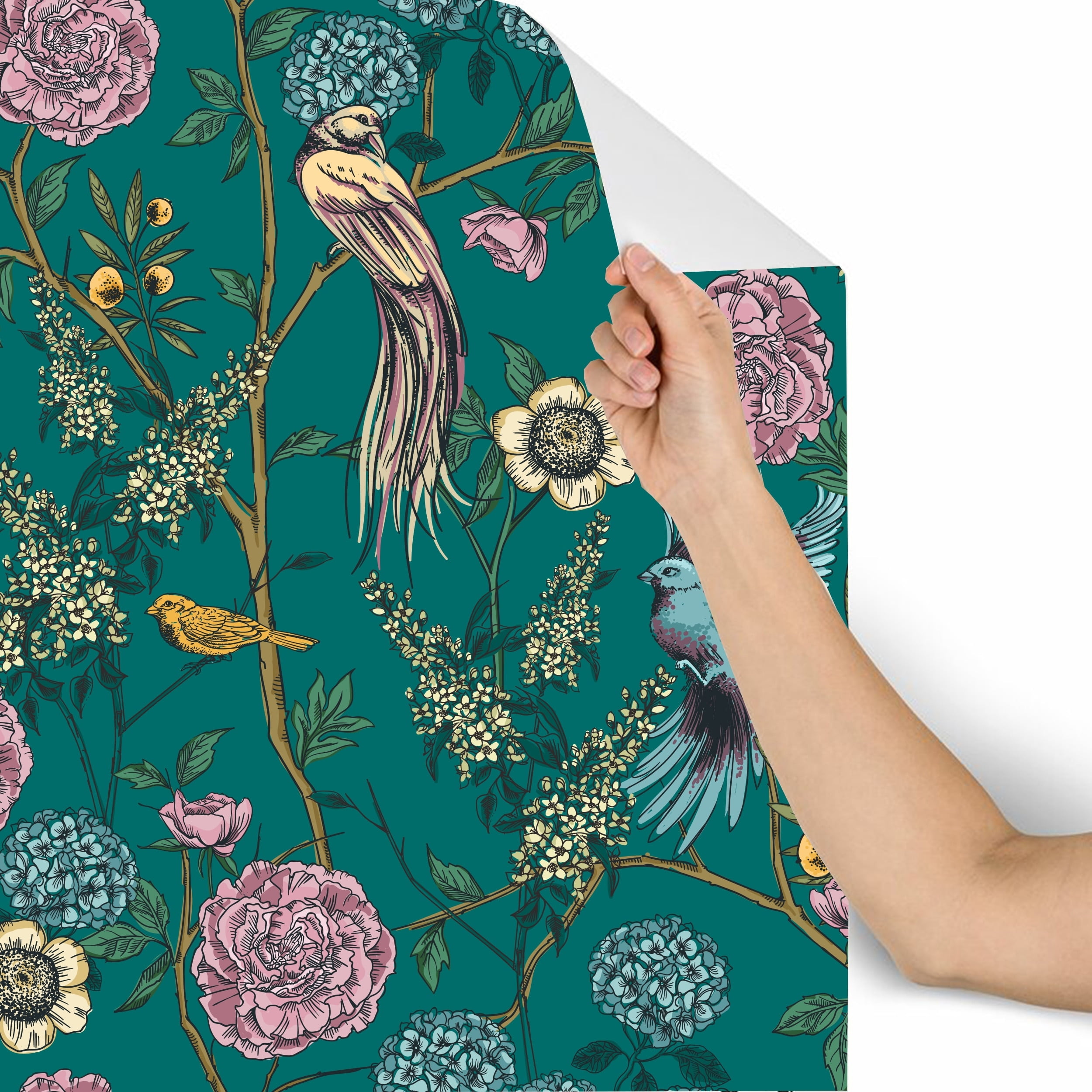 MuralsPrint Pine Floral and Birds Peel and Stick Wallpaper (Green, 10 ft x 24 in) rjkxz