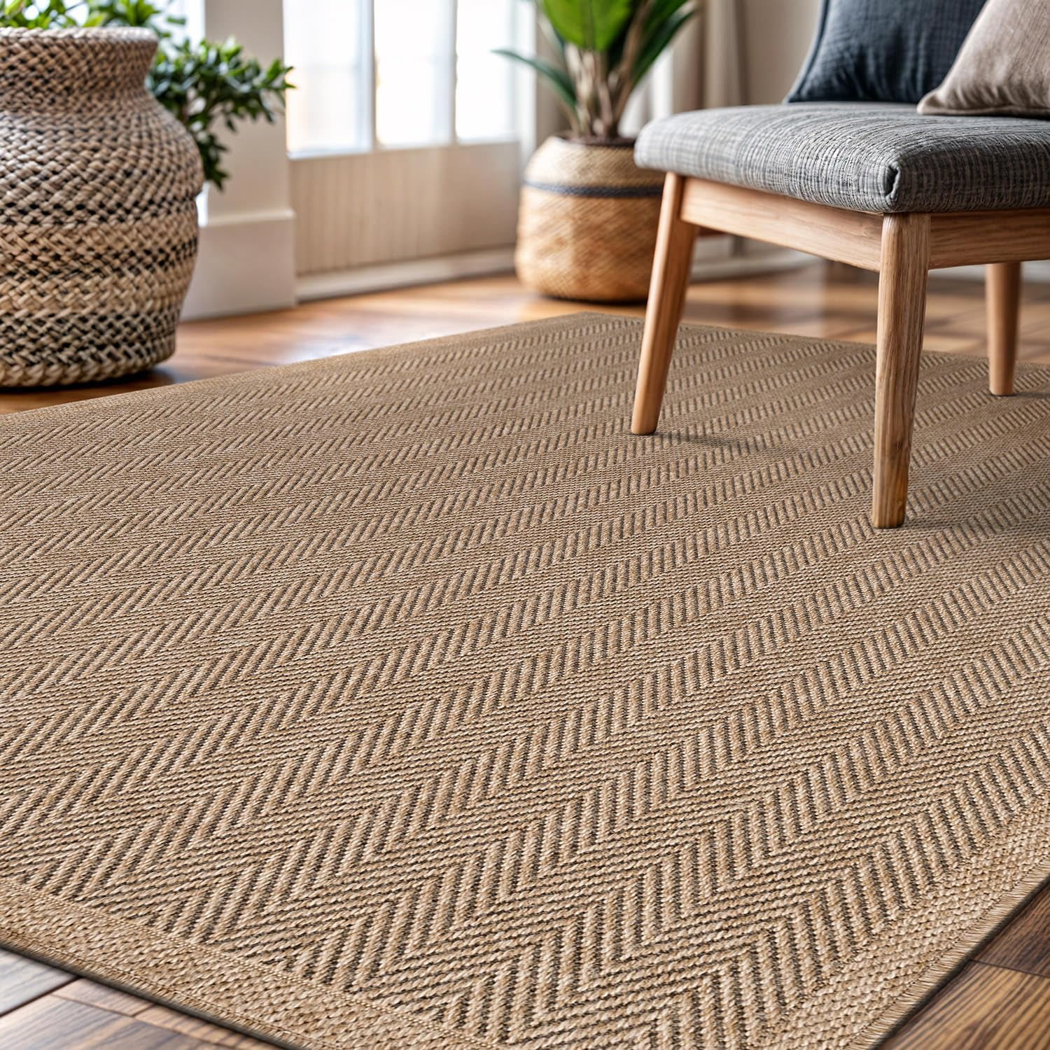 CAMILSON Herringbone Area Rug Indoor Outdoor Farmhouse Style (Natural, 9 ft x 12 ft) muvm3