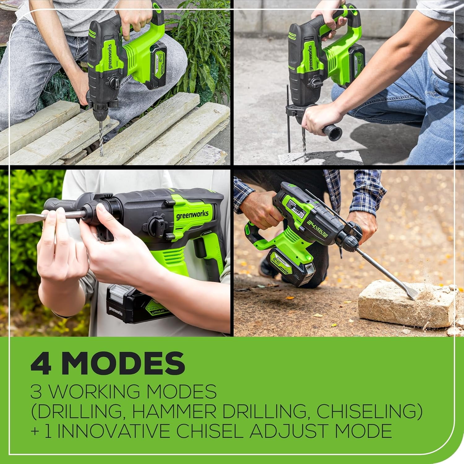 Greenworks 24V Cordless Rotary Hammer Drill, Brushless Motor, 4-Mode SDS Plus, LED Light (Black, 4Ah Battery & Charger Kit) p6umj