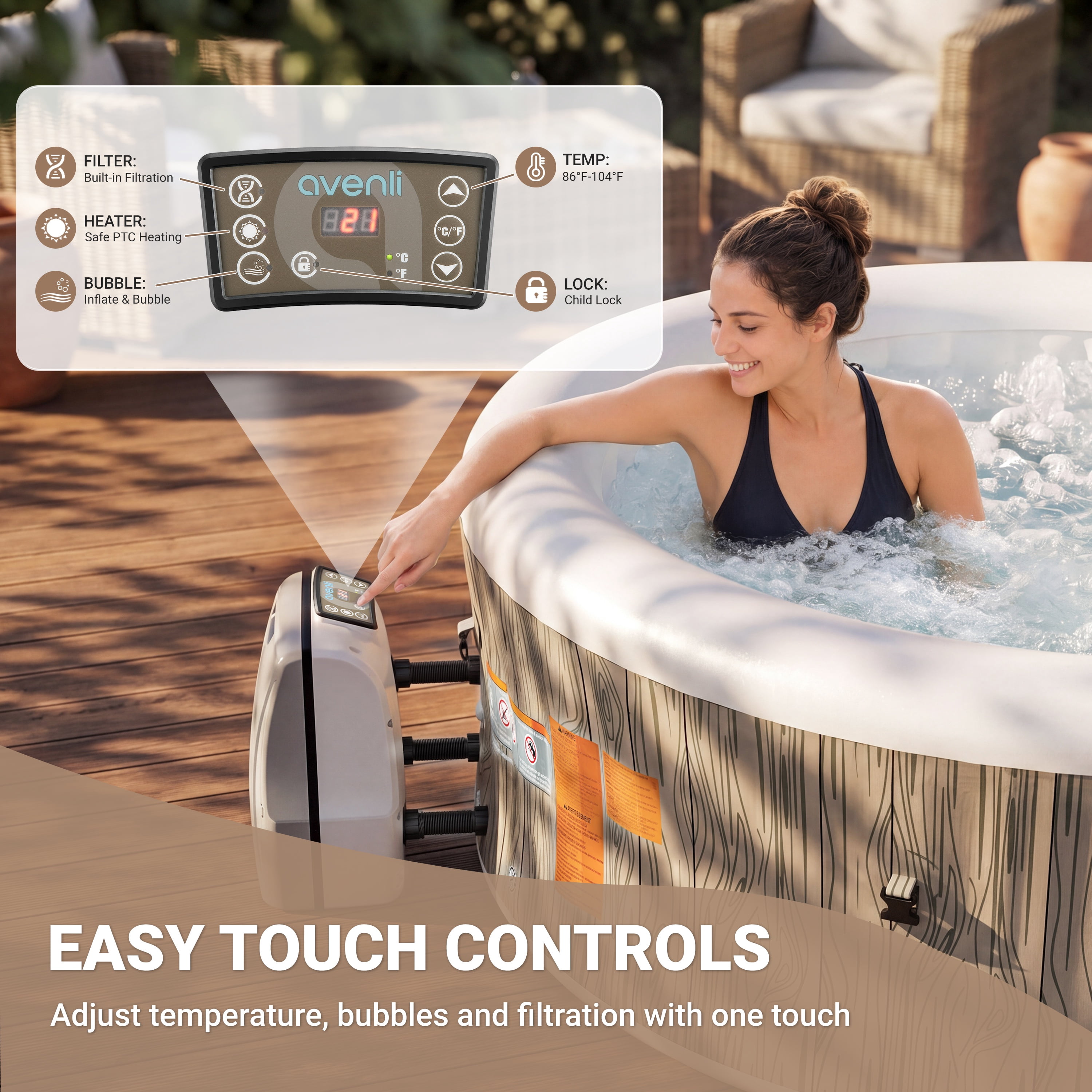 Segmart Inflatable Hot Tub, 8-Person Portable Outdoor Spa with 140 Bubble Jets and Heating System (Brown, 80 in) 9347c