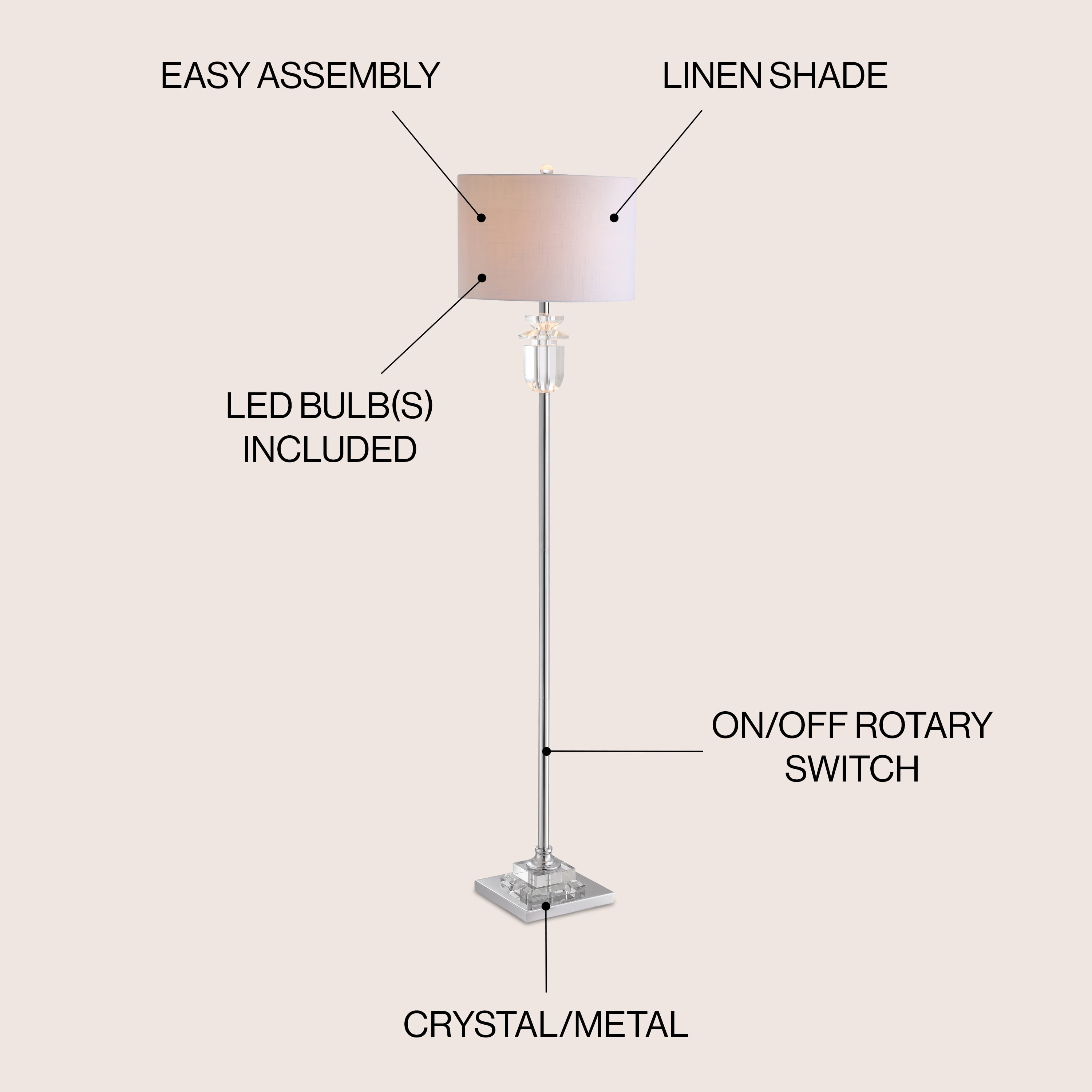 JONATHAN Y Aria Crystal LED Floor Lamp, Modern Metal Standing Light for Living Room (Clear/Chrome, 63 in) 774bn