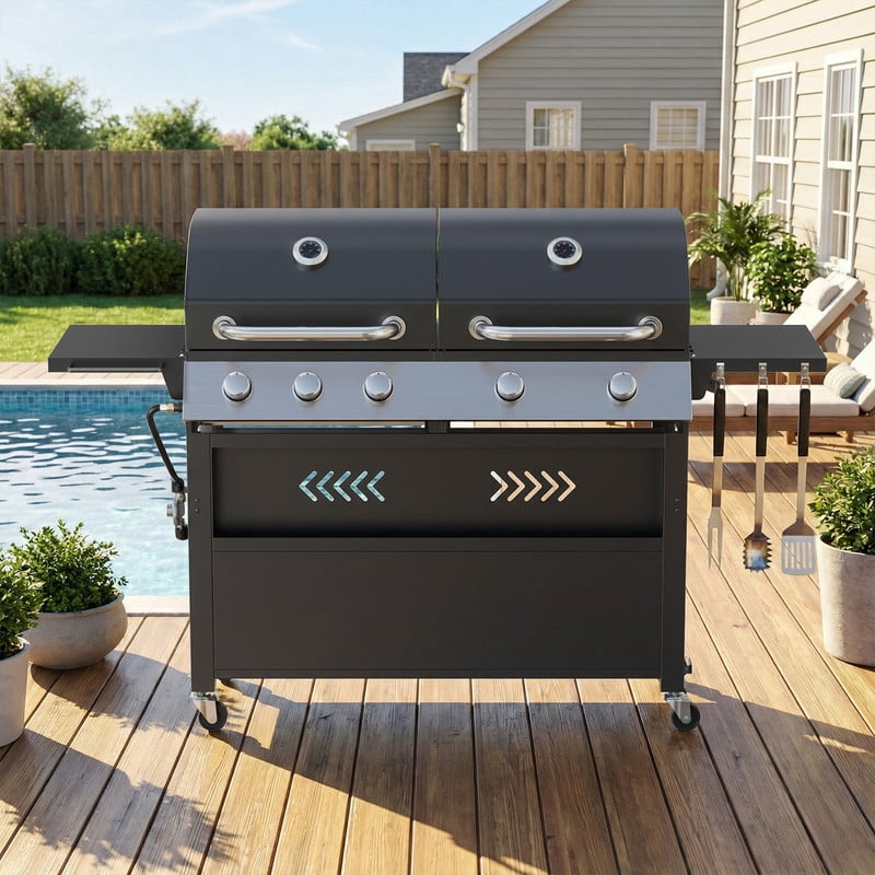 Patiobula 5-Burner Propane Gas Grill and Griddle Combo with Dual Stainless Steel Lids (Black, 64 in W) 1wq56