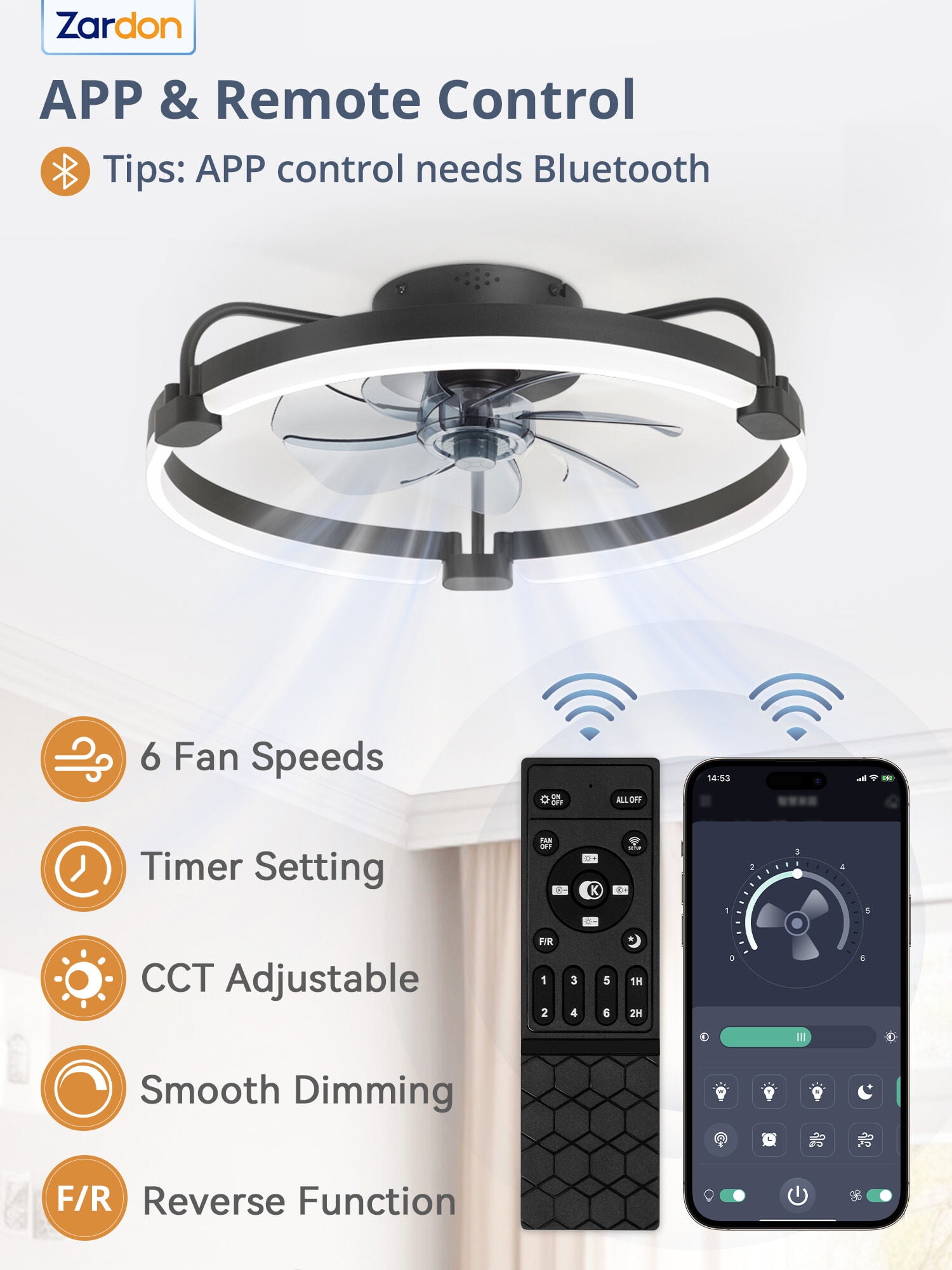Zardon 20 in Flush Mount Ceiling Fan with LED Light and Remote Control (Black, 20 in) n2ly7