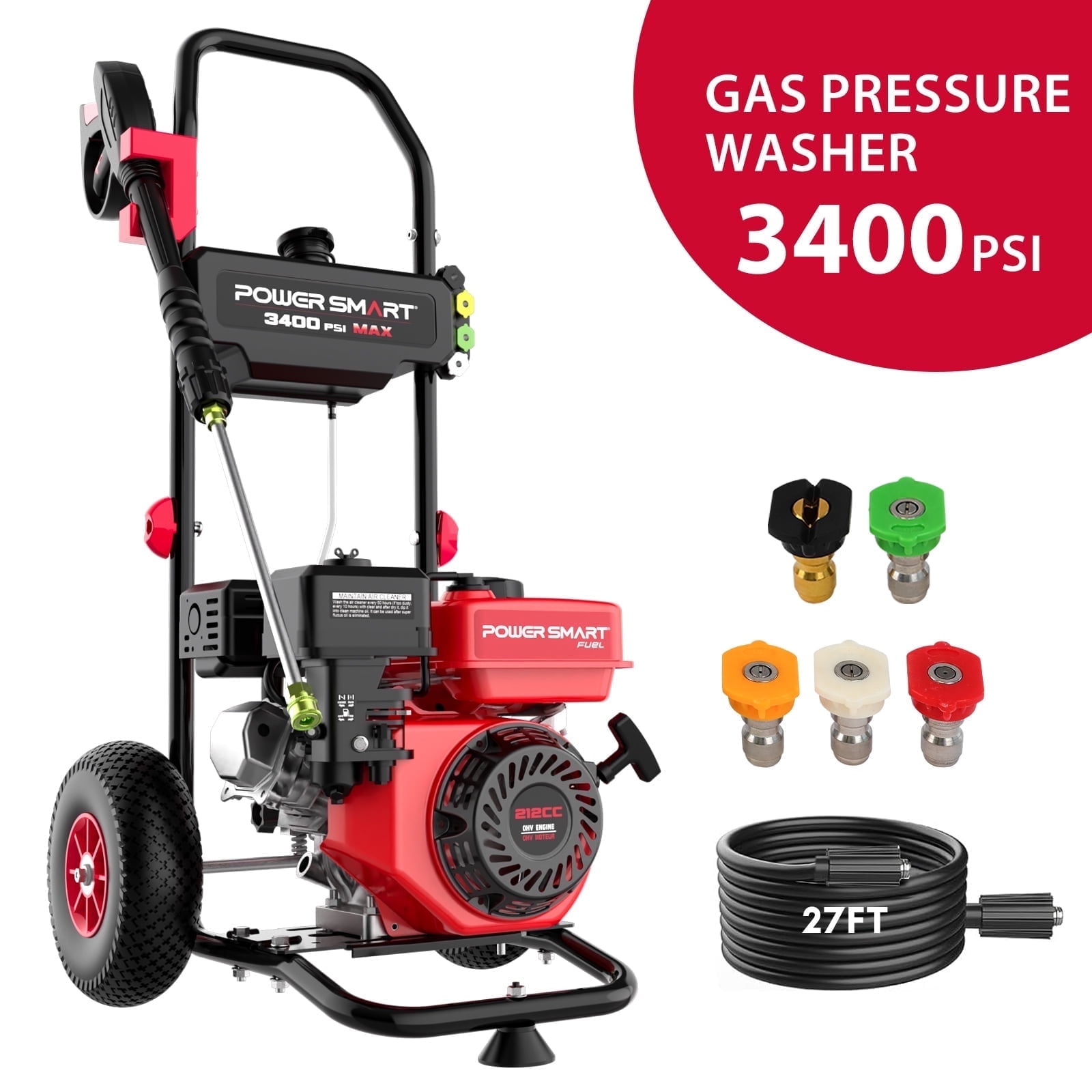 PowerSmart Gas Pressure Washer, 3400 PSI 2.5 GPM Heavy-Duty Cleaning Machine (212cc, 10 in Wheels) 5a8u7