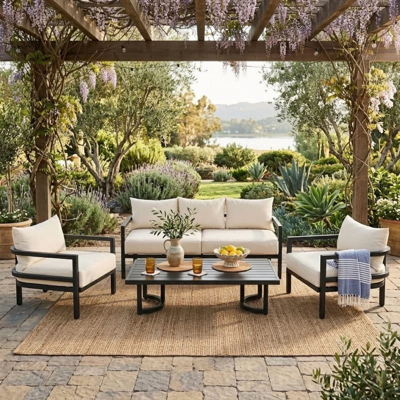Wakefit 4-Piece Outdoor Sectional Sofa Set with Coffee Table, Weather-Resistant Patio Conversation Furniture (Beige, 4-Piece) lxsnn