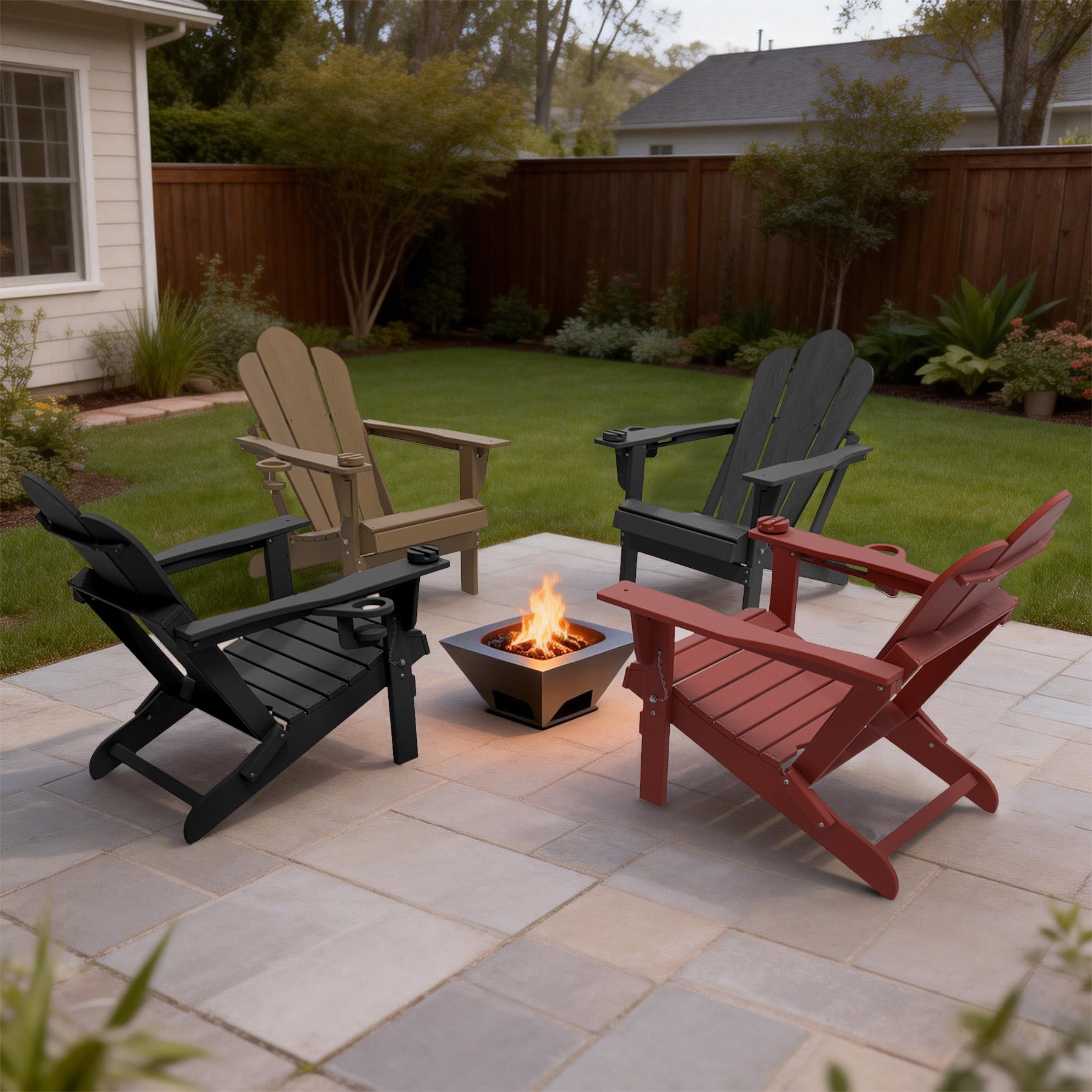 Tappio Folding Adirondack Chair All-Weather HDPE Outdoor Patio Chair with 3-Position Adjustable Backrest and Device Holder (Red) ttu2p