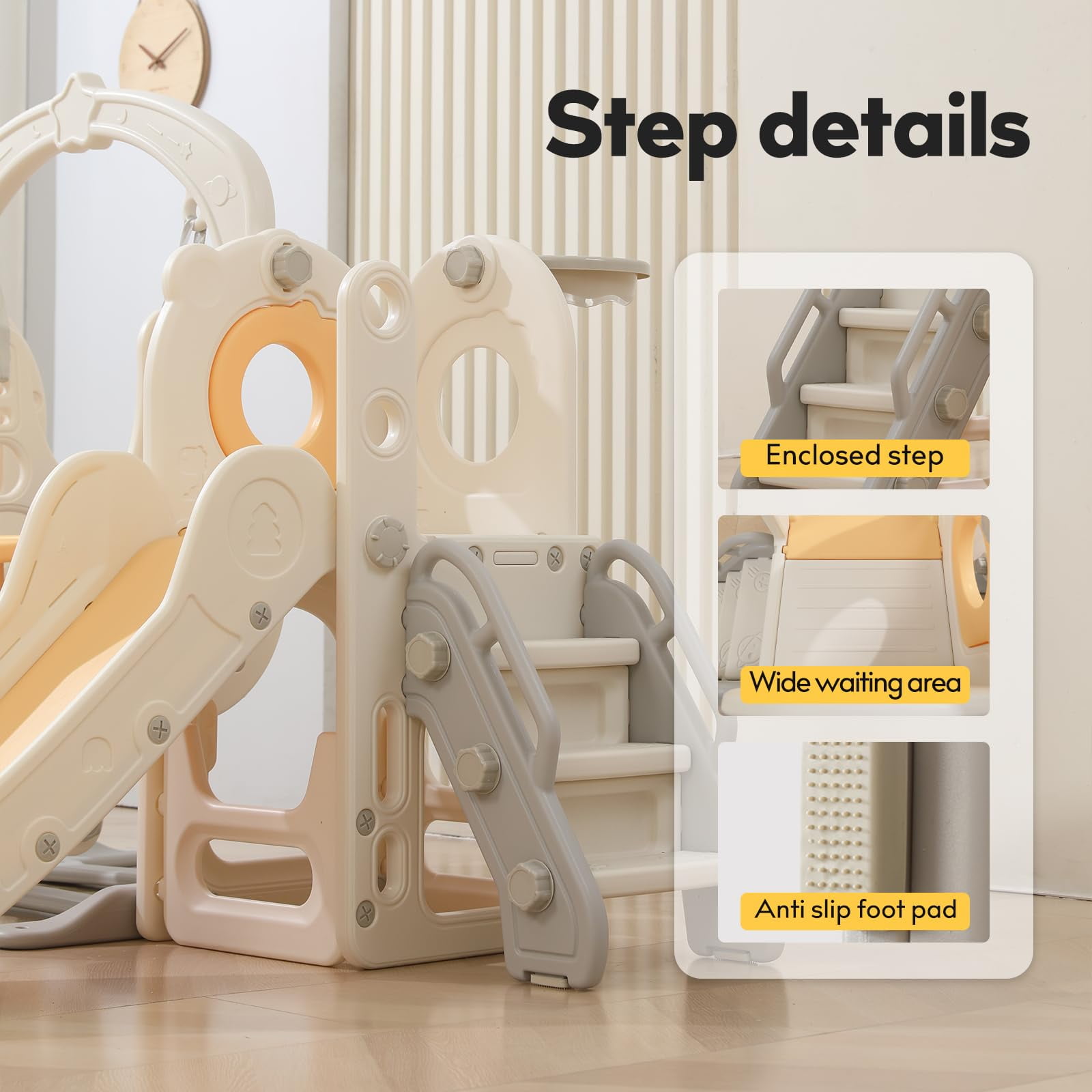 Zimeng 6-in-1 Toddler Slide and Swing Set, Indoor Outdoor Playground Climber Playset with Basketball Hoop (Beige, 34.65 in x 12.2 in x 21.26 in) ibmia