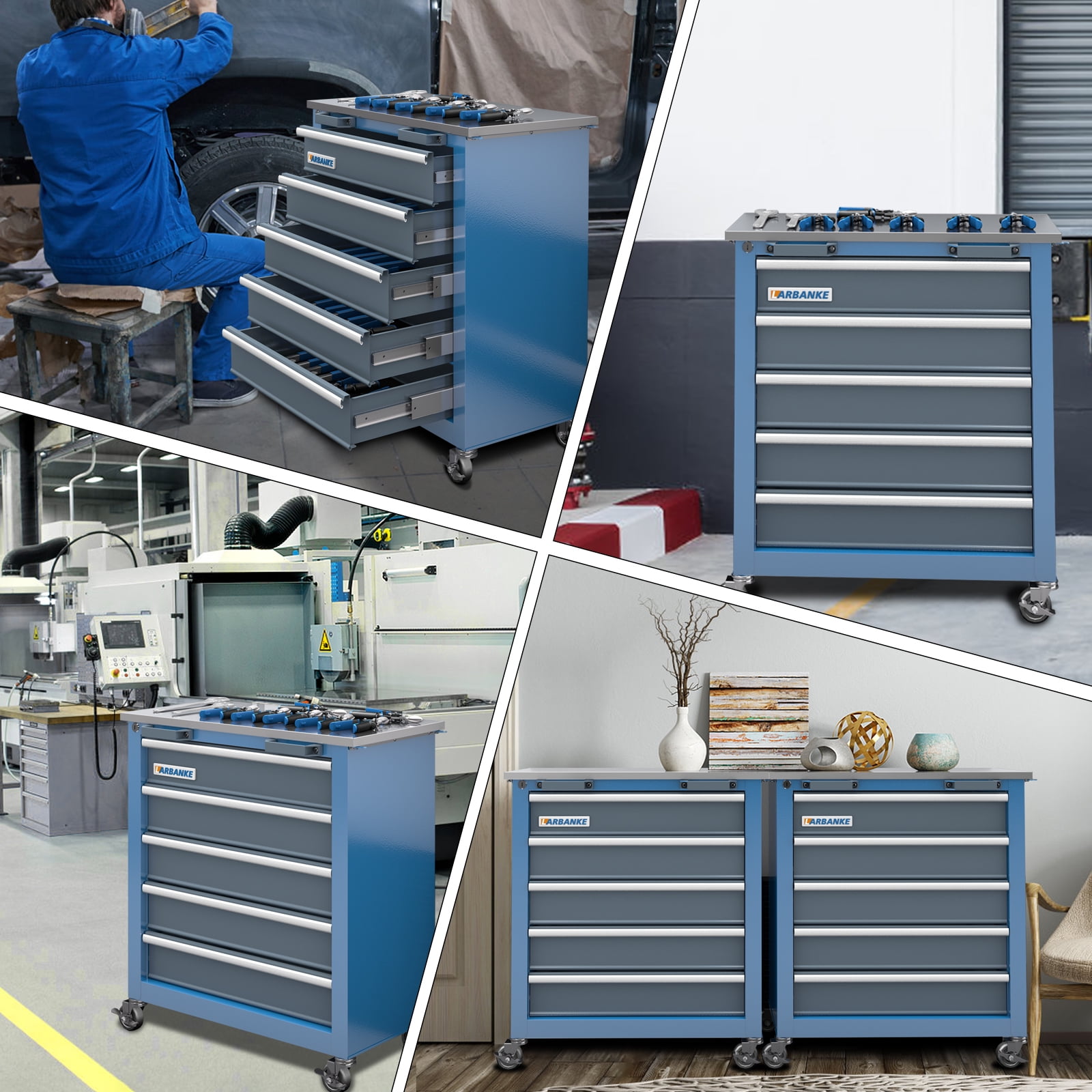 LARBANKE Rolling Tool Chest 5-Drawer Cabinet with Stainless Steel Top (Blue, 26 in x 13.5 in x 29 in) zks2v